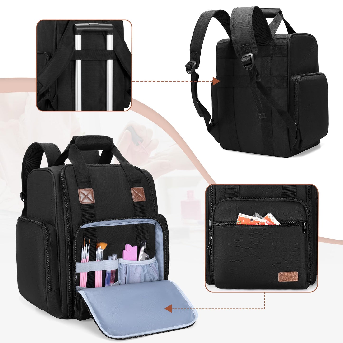 BAFASO Nail Polish Organizer Backpack Holds 105 Bottles (15ml - 0.5fl.oz) and a Nail Lamp, Nail Polish Backpack with 3 Removable Pouches and Multiple Tools Storage Pockets (Patented), Black, Bag Only