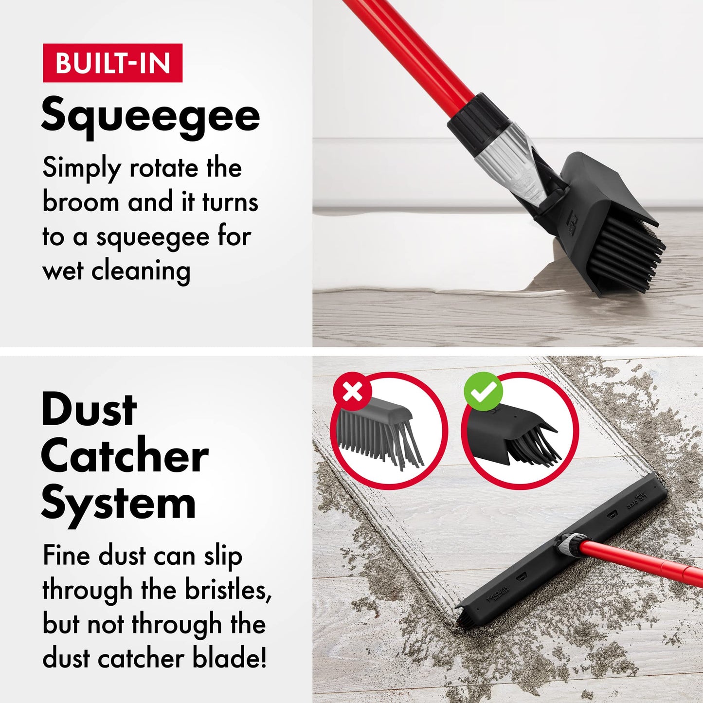 Tyroler 2-in-1 Silicone Broom & Floor Squeegee | Anti-Rust 4-Piece Handle | Perfect Pet Hair Removal for Patio, Floors, Rugs, Carpet Rake, Decks, Indoor/Outdoor (Black - Rubber)