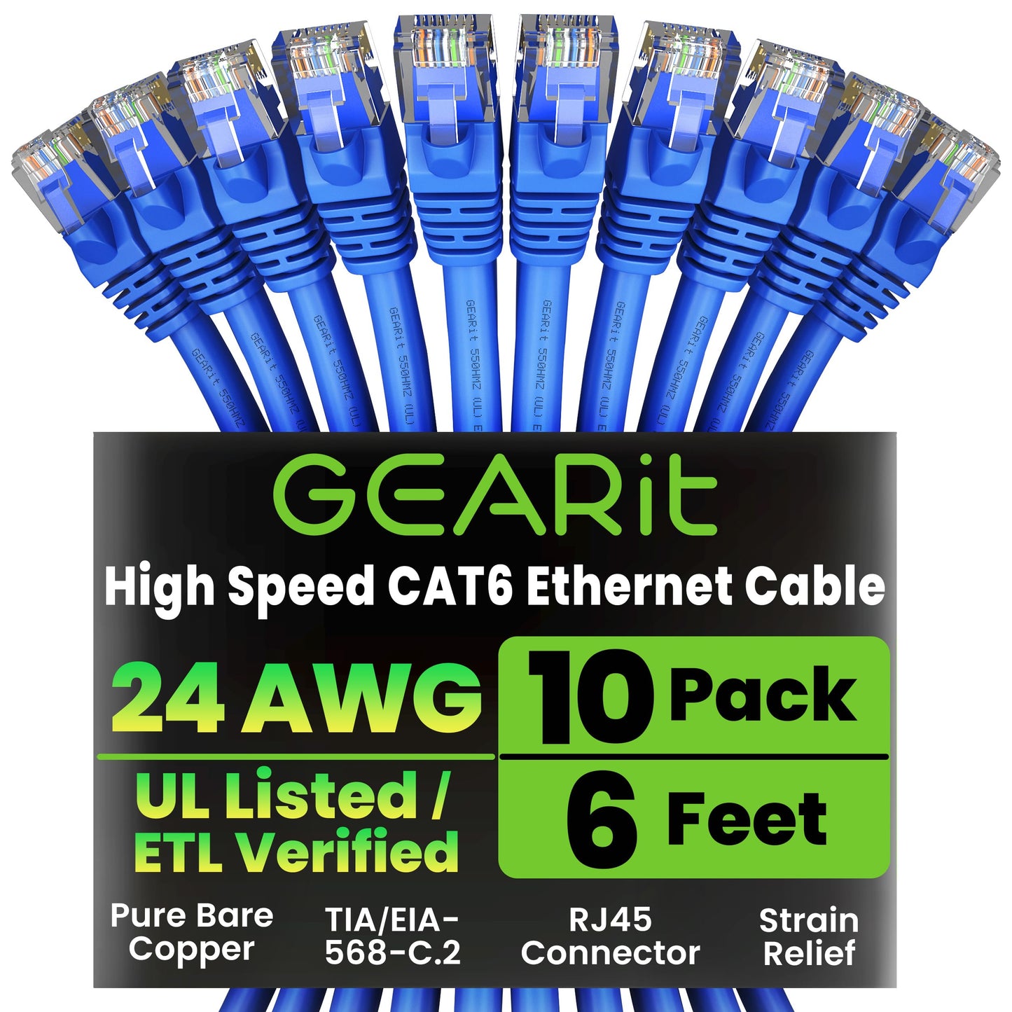 GearIT Cat 6 Ethernet Cable ft (10-Pack) - Cat6 Patch Cable, Network Internet Blue Feet for Personal Computer