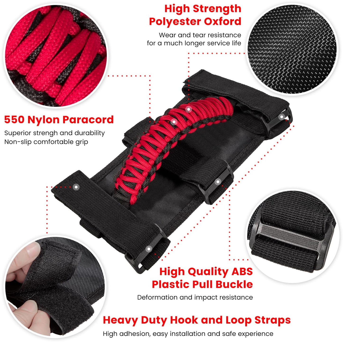 4 x Roll Bar Grab Handles Grip Handle for Jeep Wrangler JK JKU JL JLU TJ YJ Sports Sahara Freedom Rubicon Unlimited Gladiator JT 1955-2023 UTV ATV Premium 550 Paracord Interior Accessories (Red)