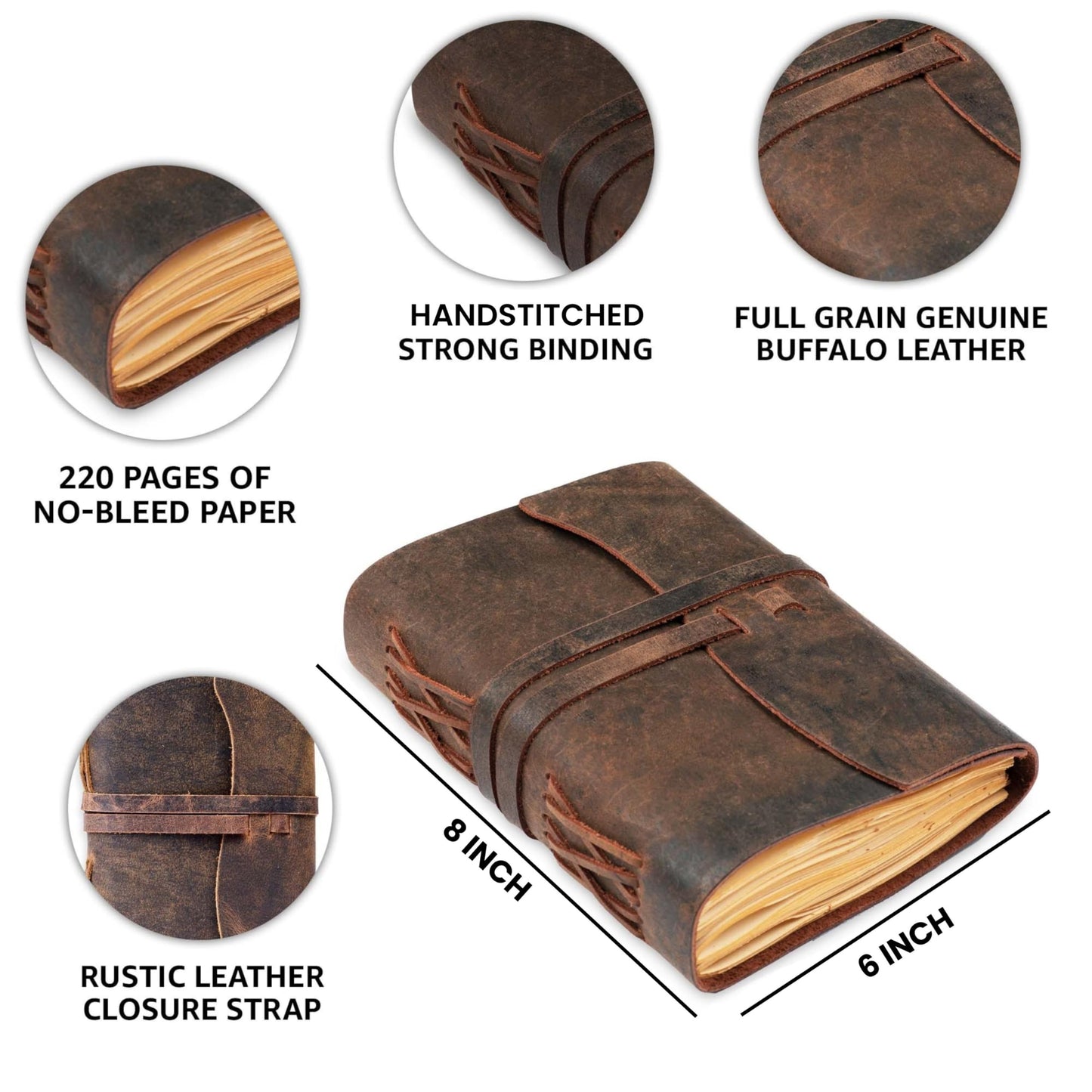 LEATHER VILLAGE Leather Bound Journal - Dark Brown, 8"X6", 220 Pages - Vintage Blank Paper Diary for Writing, Drawing, Sketchbook, and Travel Notebook - Ideal for Women and Men