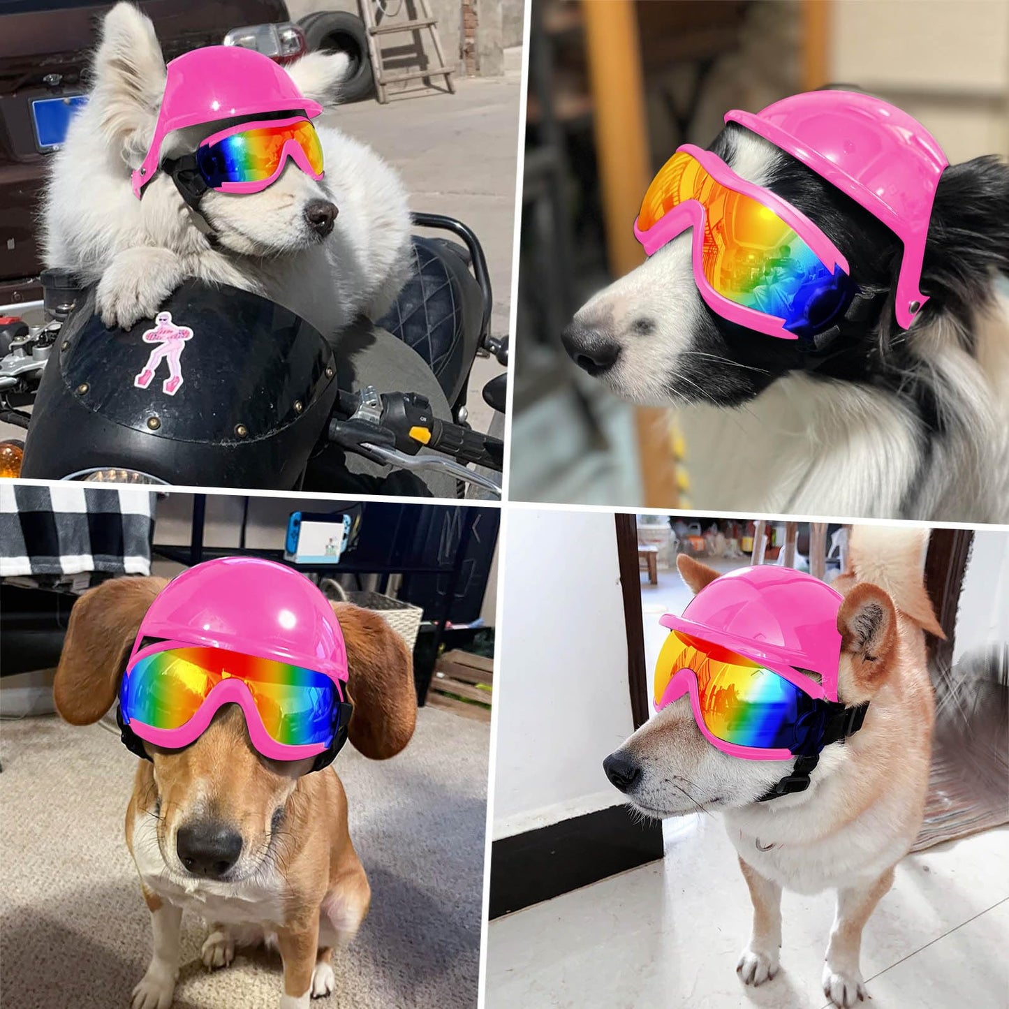 Billionchains Dog Goggles and Helmet Set - Anti-dust UV Protection Sunglasses, Durable Motorcycle Helmet With Ear Hole, Adjustable Pet Glasses for Medium to Large Dogs - Pink