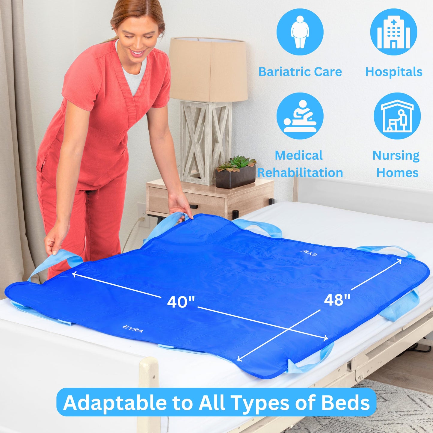 EYRA 2 Pack Positioning Bed Pad with Handles - 48"x40” (122cm x 102cm ) Reusable & Washable Bed Positioning Pad - Multipurpose Patient Transfer Pad for Turning, Lifting & Repositioning - Patient Aid Positioning Bed Pad