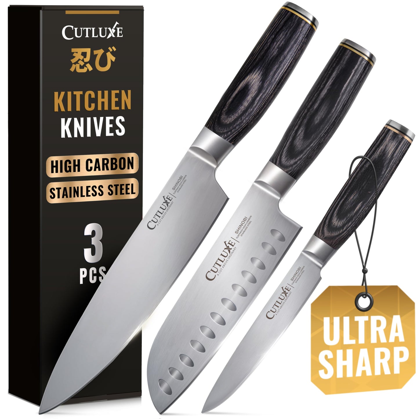 Shinobi Chef Knife Set, Professional 3 PCS Kitchen Knife Set – Japanese Kitchen Knife Design, Razor Sharp High Carbon Stainless Steel Blades, Ergonomic Pakkawood Handles, Full Tang by Cutluxe