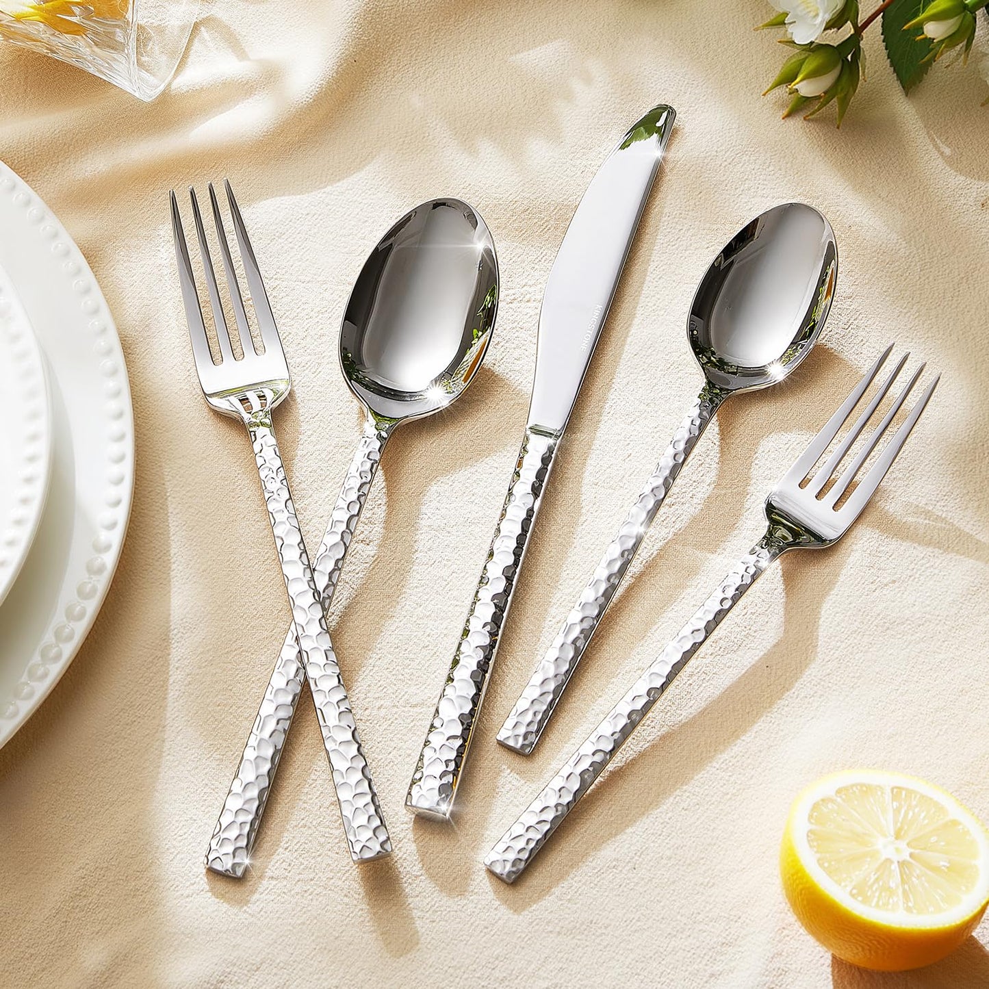 KINGSTONE 20 Piece Hammered Cutlery Set, 18/10 Stainless Steel Flatware Set for 4, Silverware Set for Home, Party, Wedding, Mirror Polished Dishwasher Safe
