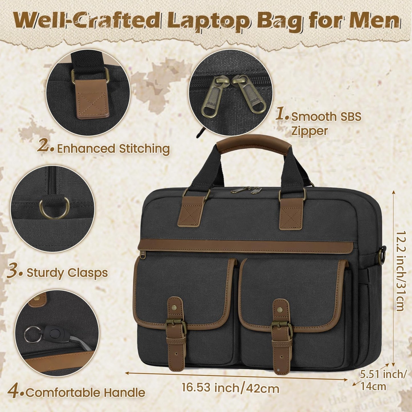 RAINSMORE Messenger Bag for Men 15.6 Inch Laptop Briefcase, Waterproof Canvas Computer Satchel Large Capacity Crossbody Shoulder Bag for Business Travel Office College