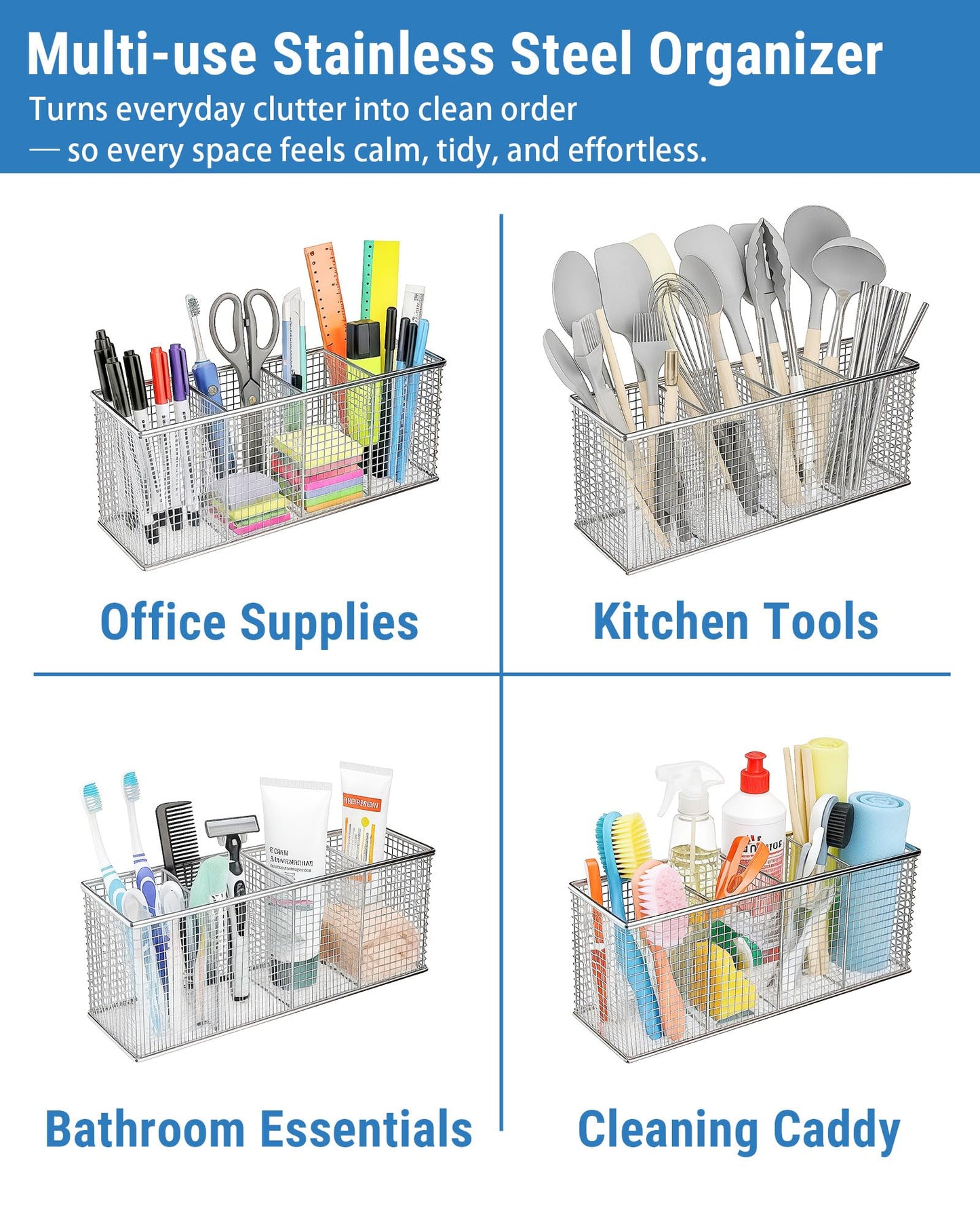 Viscogrip Universal Dishwasher Silverware Basket, 304 Stainless Steel 4-Compartment Dishwasher Utensil Basket, Spoons, Forks, Chopsticks, Straws Cleaning (Silver)