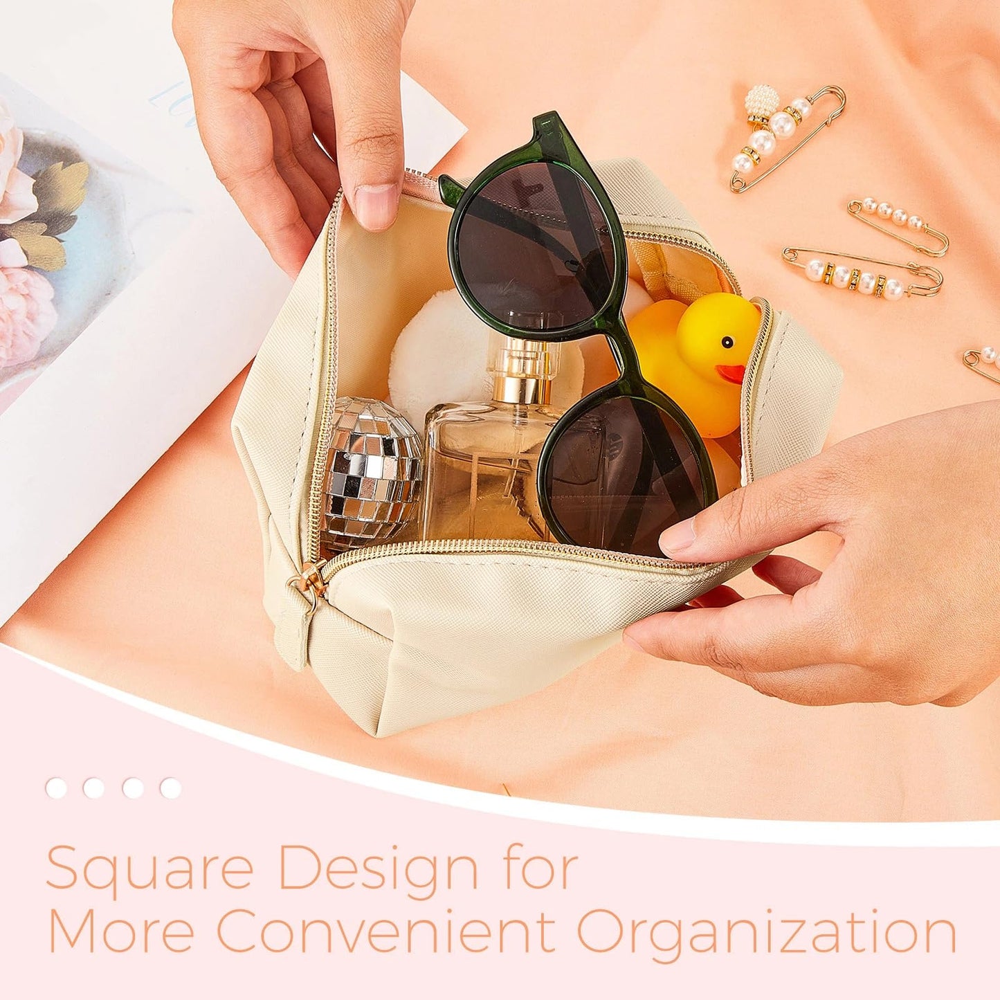 8 Pcs Makeup Bag Pu Leather Cosmetic Pouch Waterproof Small Toiletry Bag Portable Cosmetic Organizer Water Resistant Storage Purse for Lady Women Daily Storage Travel Organizer (Beige,Medium)