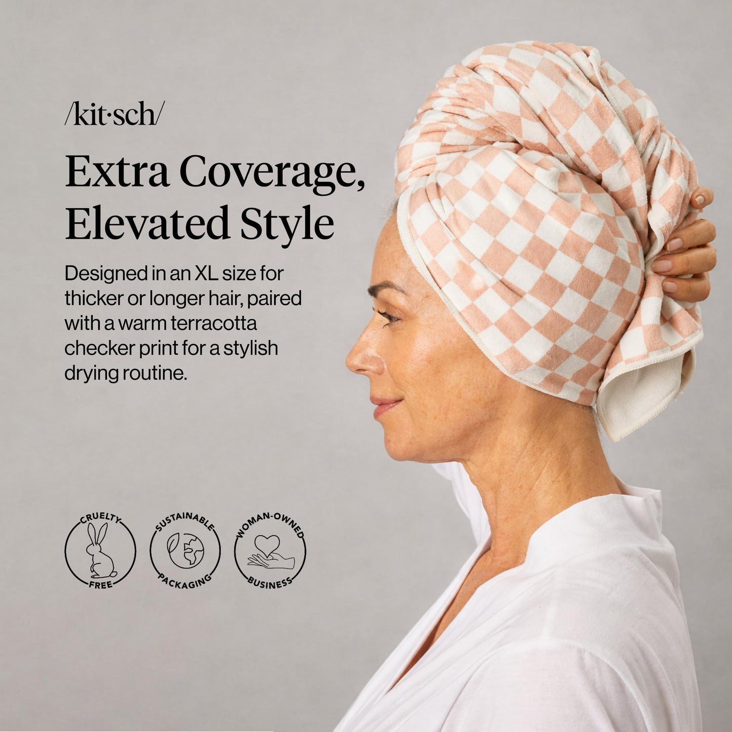 Kitsch XL Microfiber Hair Towel Wrap for Women – Ultra Absorbent Microfiber Towel for Wet, Curly, Long or Short Hair – Quick Dry, Anti-Frizz Hair Wrap – Terracotta Checkered, 40x24 inches