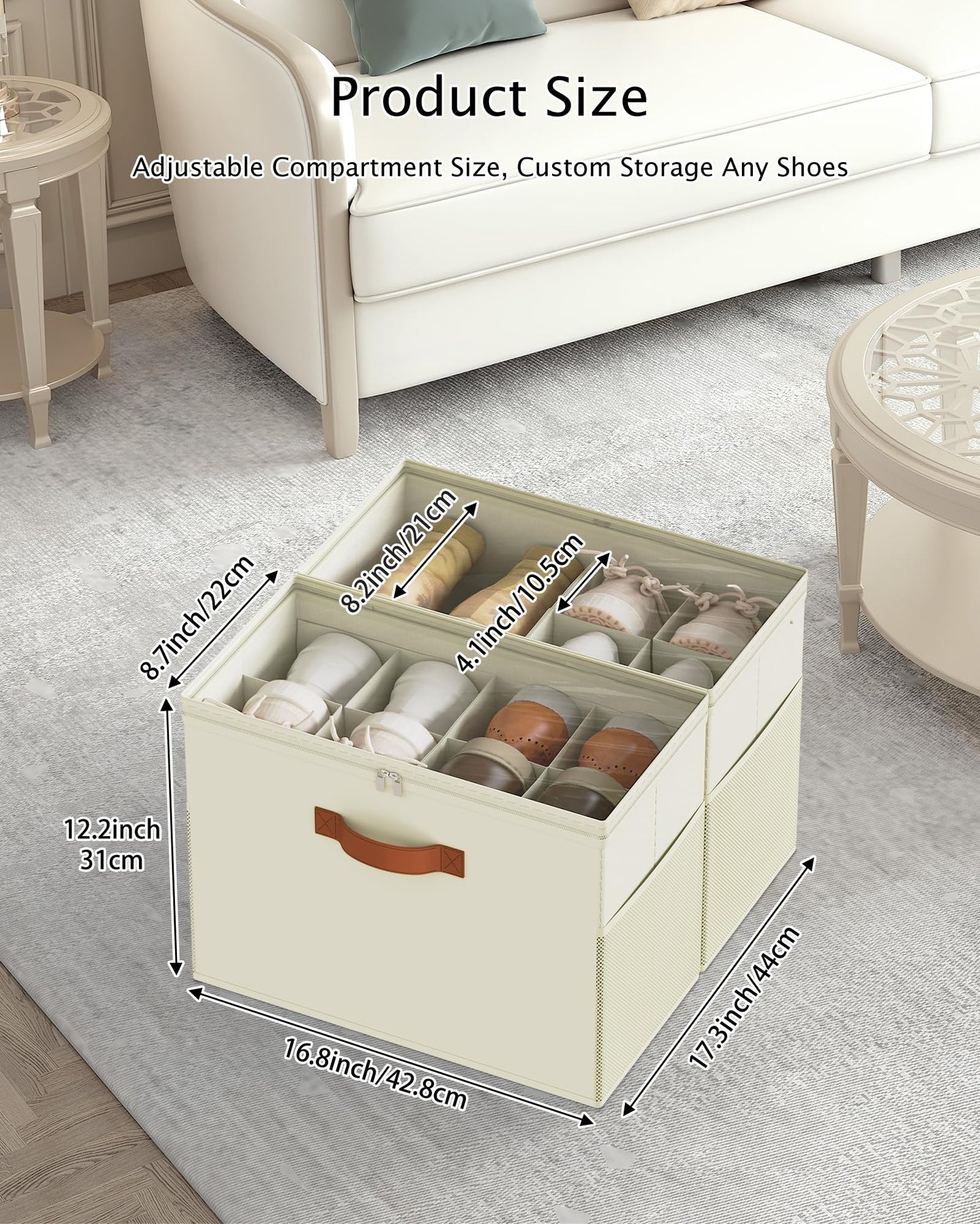 Oterri 2 Pack Shoe Storage Boxes, Shoes Organizer Bins Stackable Detachable Fit for Narrow Closet Shelves and Tight Corners, Shoeboxes with Clear Lids, Mesh Pockets and Sturdy Handles(Beige)