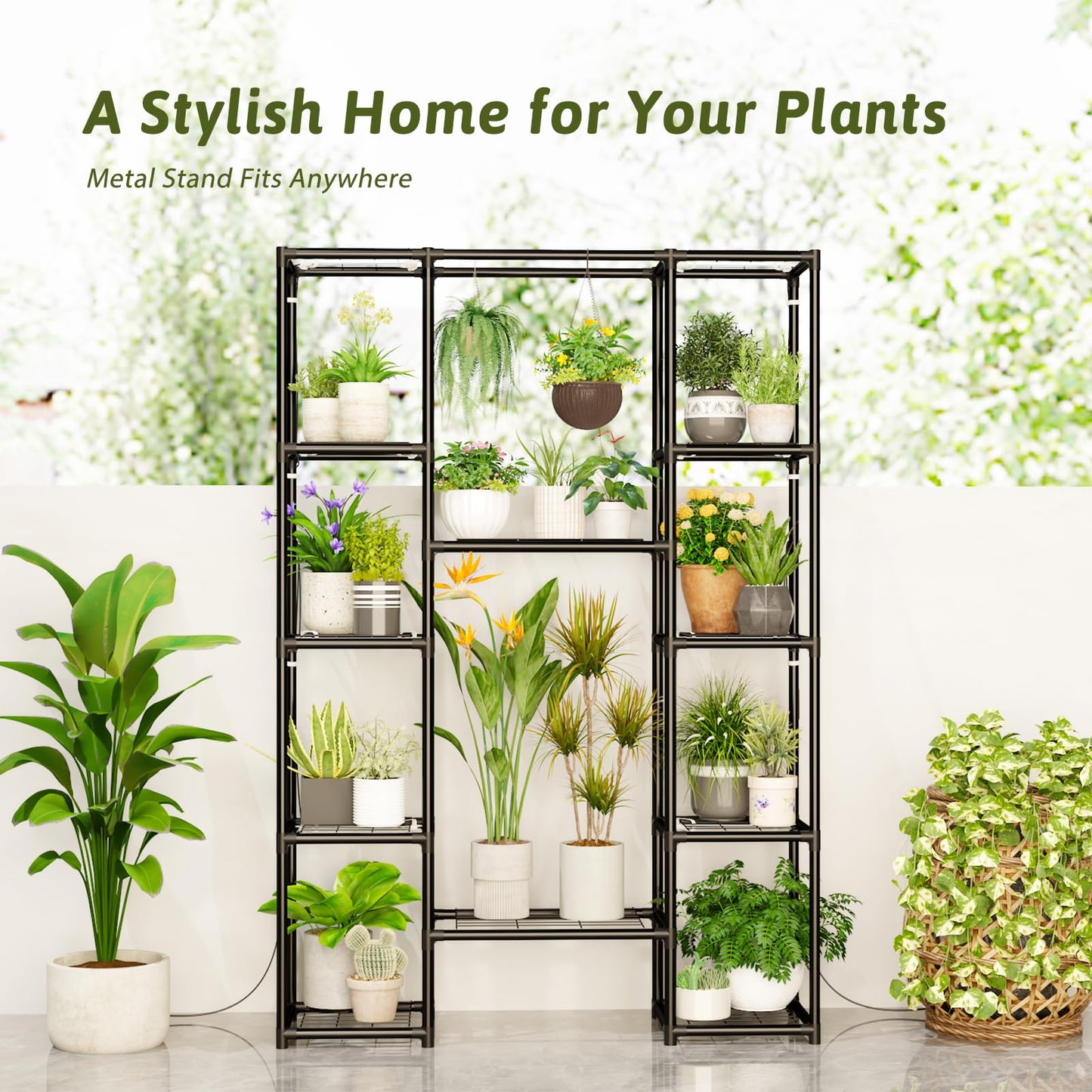 GENTINGBRO Plant Stand with Grow Light Indoor Outdoor Large Metal Plant Shelf for Multiple Plant Pots Black Plant Rack for Living Room Patio Balcony Garden