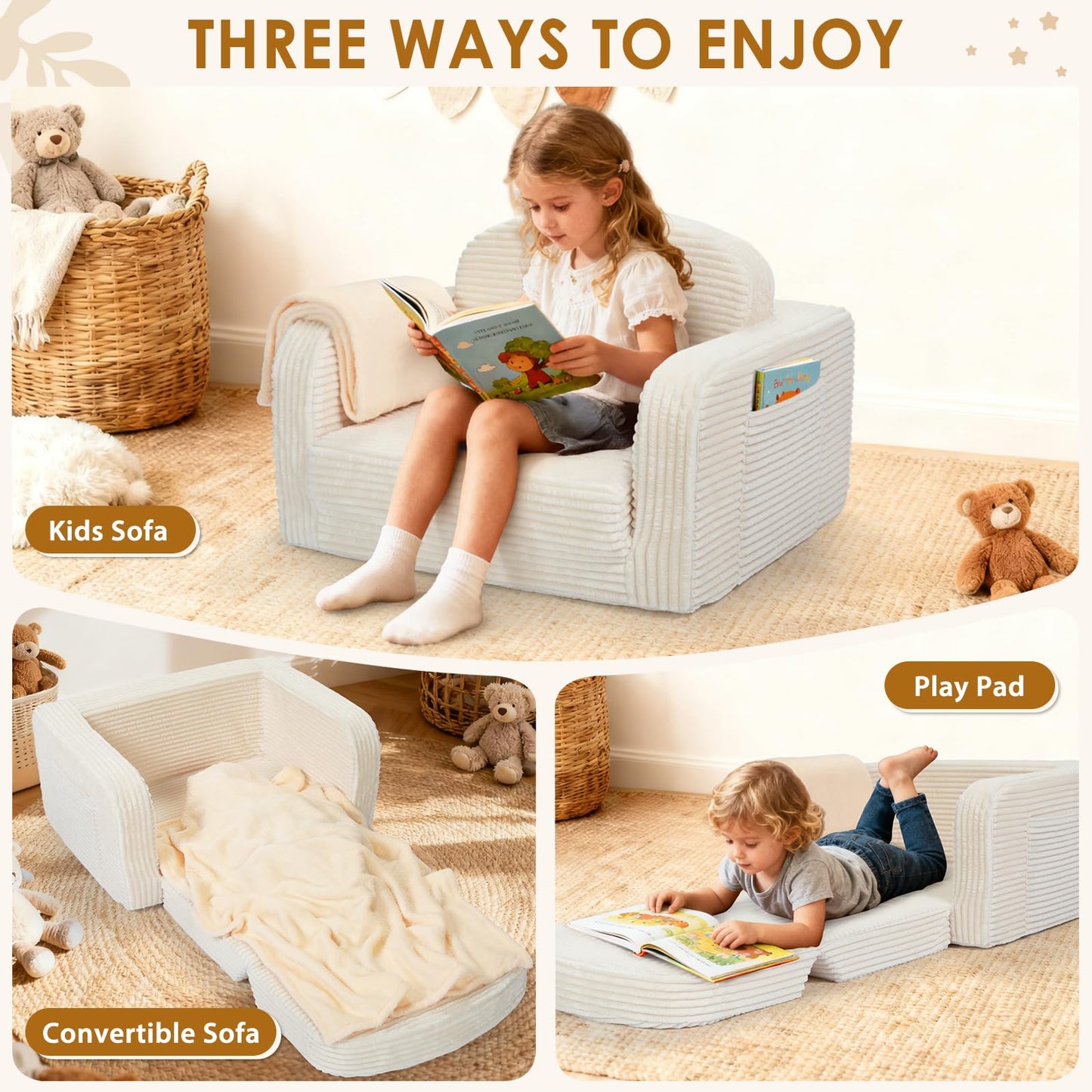 2 in 1 Convertible Kids Couch - Corduroy Fold Out Kids Sofa Chair with Blanket, Comfy Comfortable Toddler Chair, Machine-Washable Cover, for Boys Girls, Medium Beige