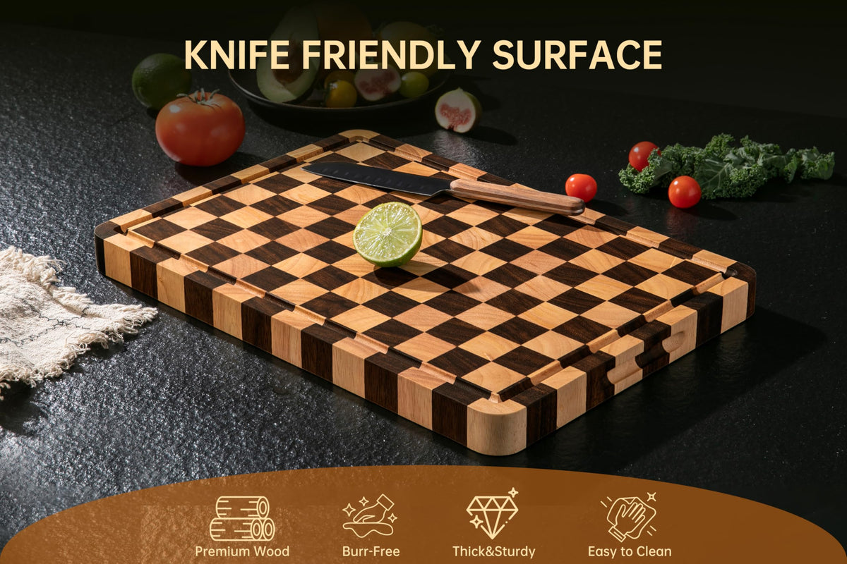 THETCHRY Cutting Boards for Kitchen, Thickened Checkered Cutting Board, Walnut & Acaia Wood Chopping Board with Juice Grooves & Handles, Double-Sided Large Butcher Block, 17" x 12" x 1.2"