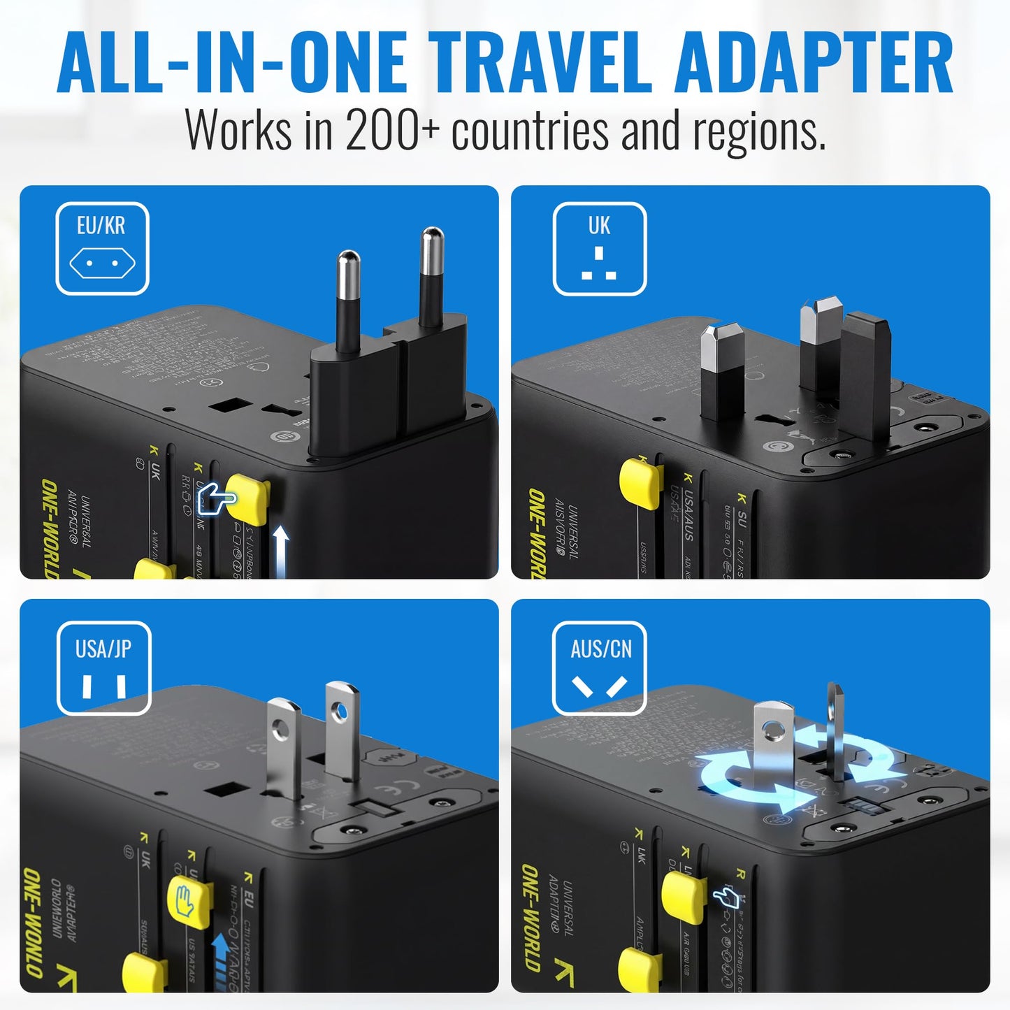 Universal Travel Adapter | 70W GaN International Power Adapter | Fast Charging for US, UK, EU, AU Plug | Laptops Tablets Phones