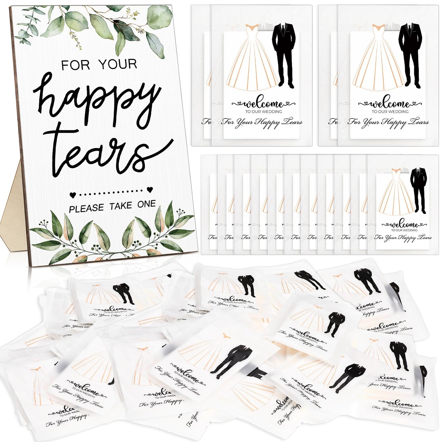 Beeveer Happy Tears Tissue Packs for Wedding 1 Wood Sign 100 Pcs 3 Ply for Your Happy Tears Wedding Tissues for Hotel Guests Party Supplies