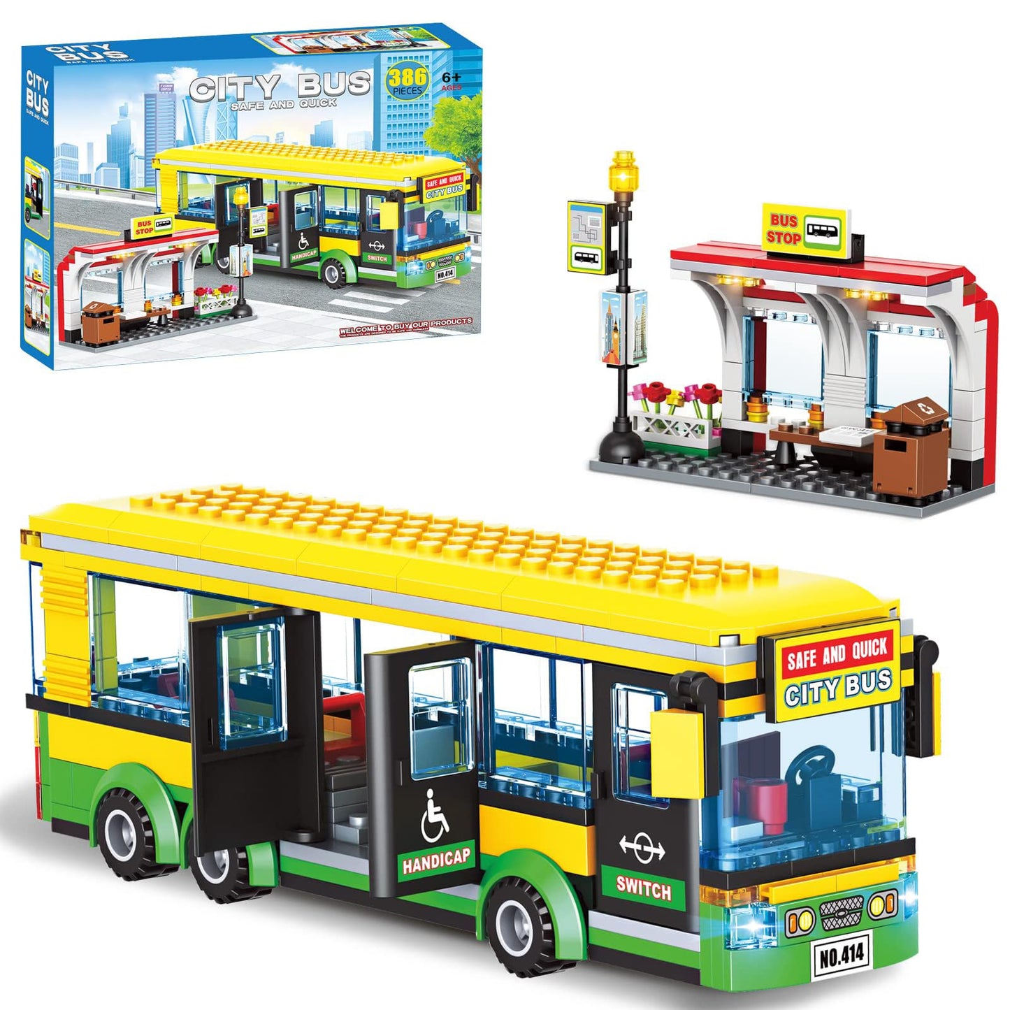 City Town Center Bus Station Building Kit, Bus Station Building Blocks Toy for Kids, with Bus & Bus Station, Best Learning Roleplay STEM Block Play Toys Gift for Boys Girls Aged 6-12 (386Pcs)
