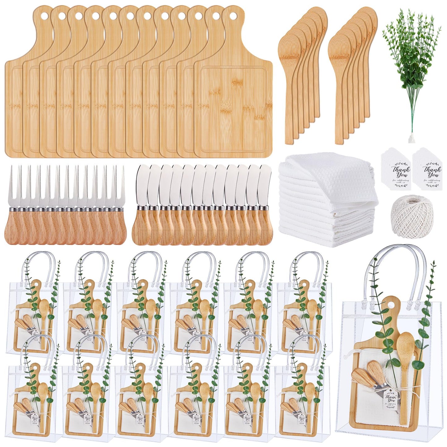 109PCS Baby Shower Prizes for Game Winners Bamboo Cheese Board Spoon Fork Butter Spreaders Plaid Towel Thank You Card and Gift Bags for Baby Shower Wedding Bridal Shower Favors (Bamboo, 12 Sets)