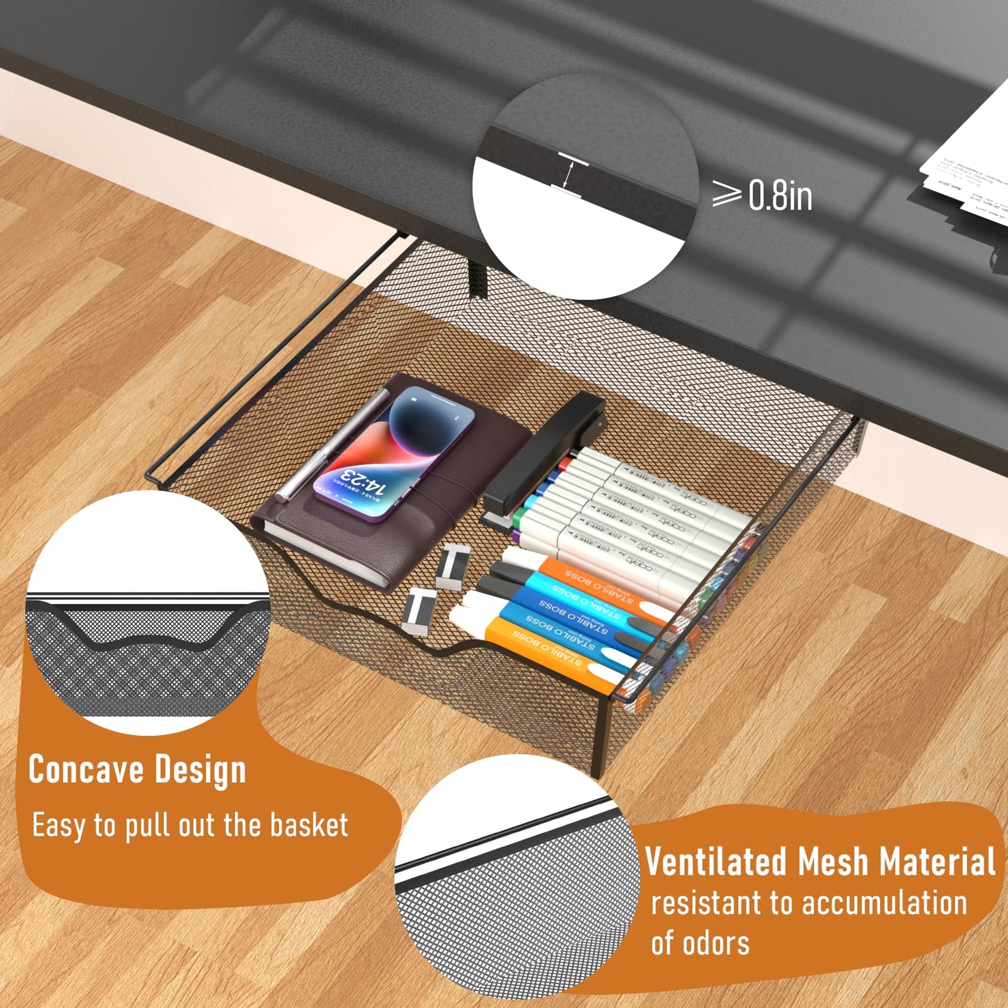 Under Desk Drawer Organizer No Drilling 2 Pack Under Table Storage Drawers Slide Out Mesh Metal Under Desk Hidden Adhesive Drawer for Office Kitchen