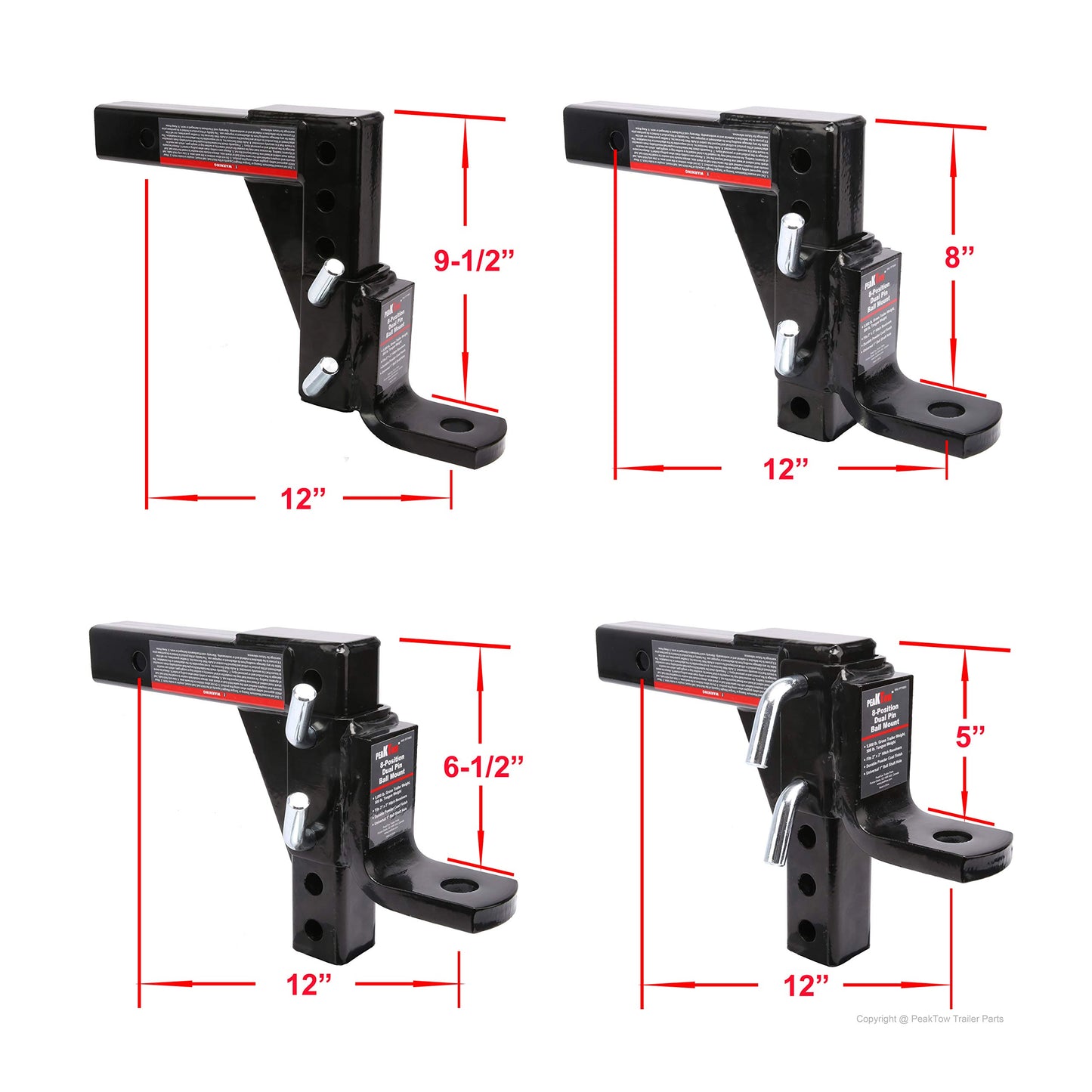PEAKTOW Adjustable 8-Position Trailer Ball Mount Fits 2” Receiver, 9-1/2” Drop and 10” Rise, 5000lbs. GTW Capacity PTT0061