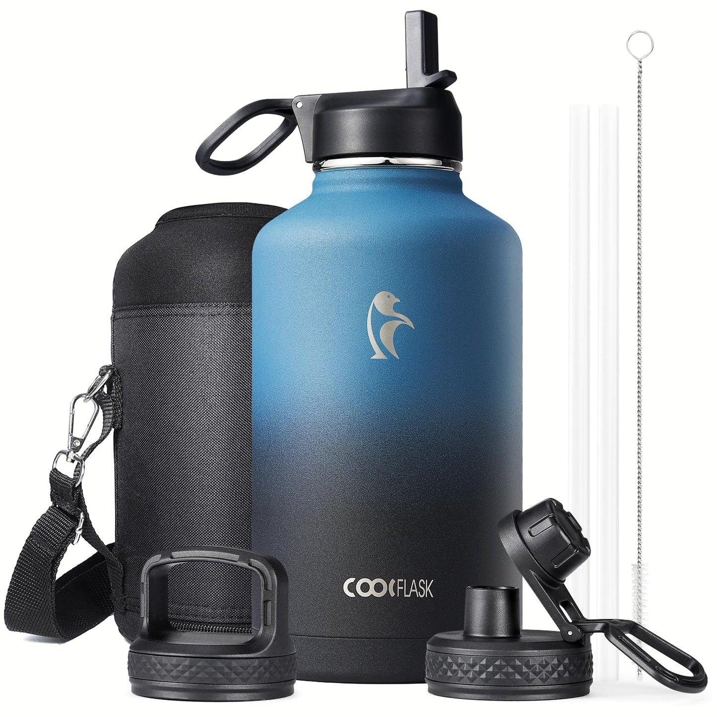 Half Gallon Water Bottle Insulated with Straw & 3 Lids, Coolflask 64 oz Water Jug Large Metal Stainless Steel Wide Mouth for Sports, Gym or Office, BPA-Free Keep Cold 48H Hot 24H, Magic Black