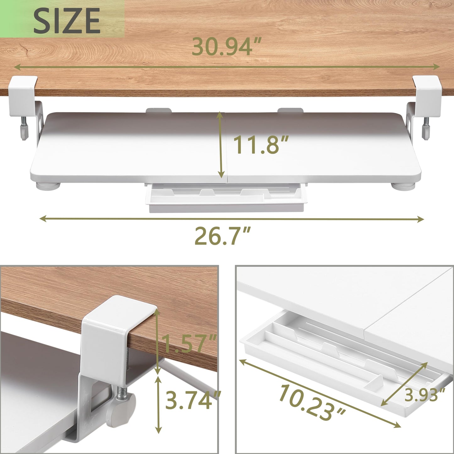 ETHU Keyboard Tray, 26.77" X 11.81" Large Size Keyboard Tray Under Desk with C Clamp-on Mount Easy to Install, Computer Keyboard Stand for Home and Office Wood
