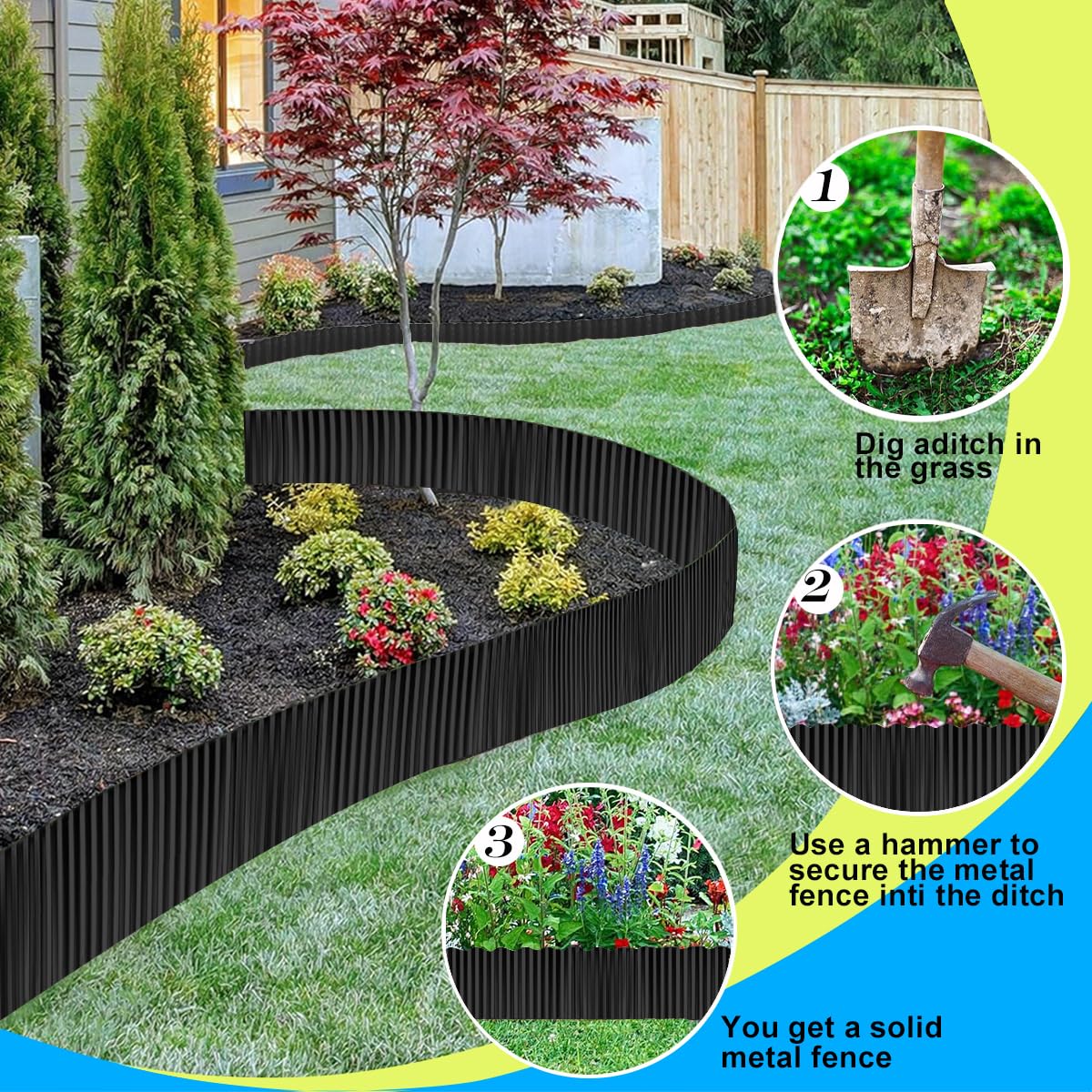 Metal Garden Edging Border 12in x 20ft,Corrugated Lawn Edging Borders,Galvanized Landscape Edging,Flexible Long Strips for Raised Flower Bed Tree Surrounds -Black