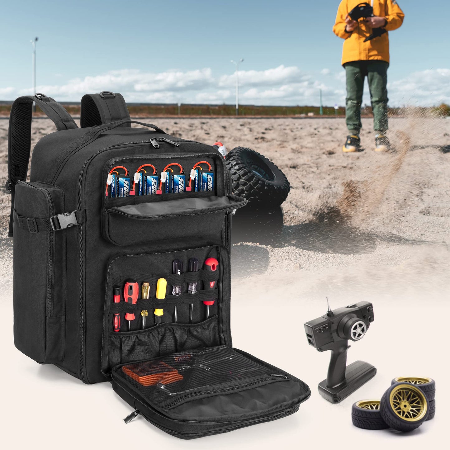 GOBUROS RC Backpack for 1/10 Car, RC Storage Bag with Multi Pockets for Tools and Other Accessories,Easy Carrying with Adjustable Shoulder Strap (Patent Pending)