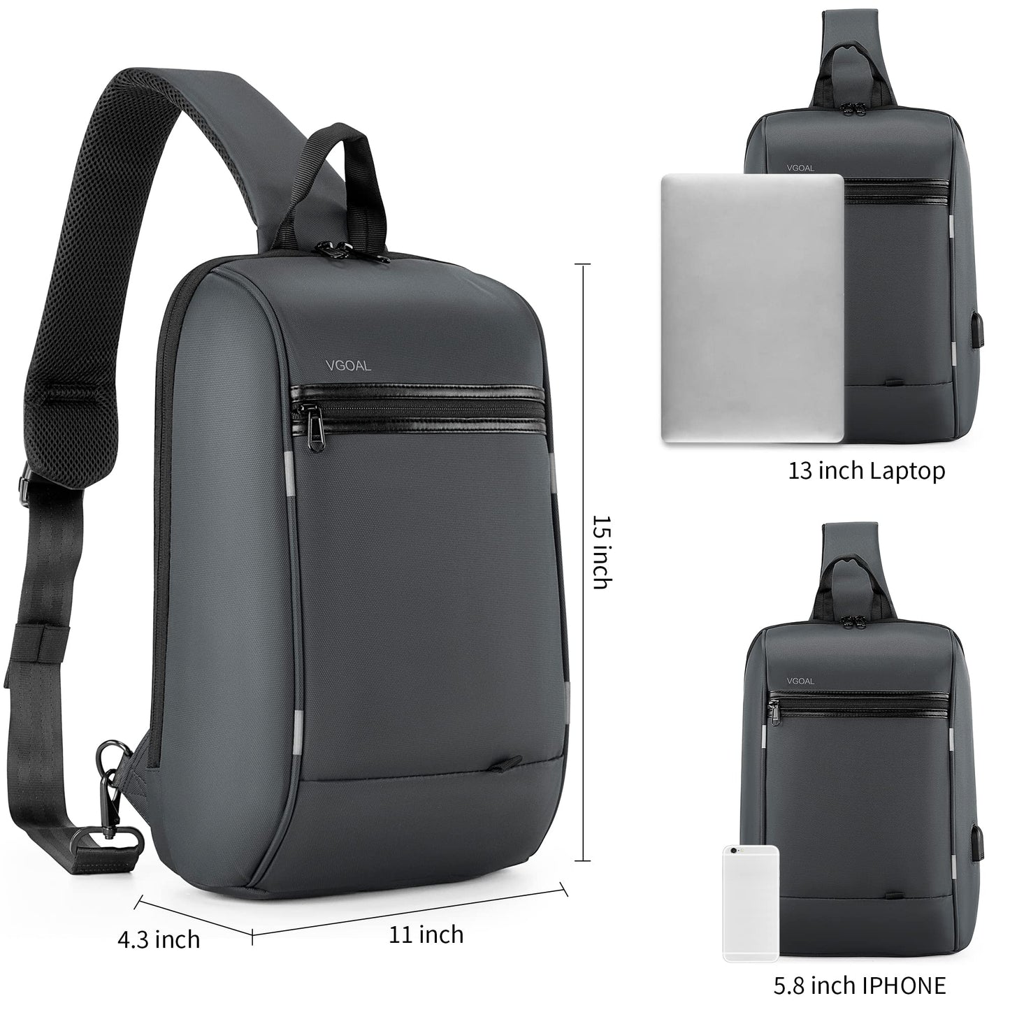 KINGSONS 13-inch anti-theft laptop sling backpack. Waterproof nylon, USB port, TSA lock, ideal for travel, hiking and camping (FG6301-Grey)