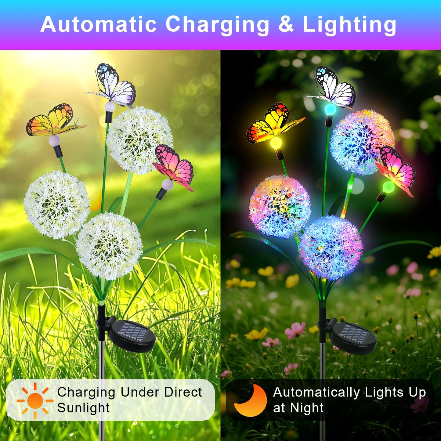 Ninonly Solar Lights Outdoor Garden, 2 Pack Dandelion with Butterfly Lights, Waterproof Solar Powered Garden Pathway Light Outdoor, Bright LED Ornaments for Yard Lawn Patio Decoration