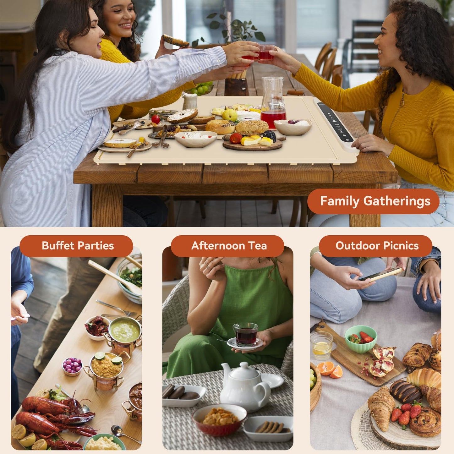 Food Warming Mat Electric Tray: Adjustable Silicone Heating Pad with 3 Temperature Settings 4 Timer Function Portable Roll Up Hot Plate for Buffets Party Gatherings Kitchen Warmer Countertop Holiday