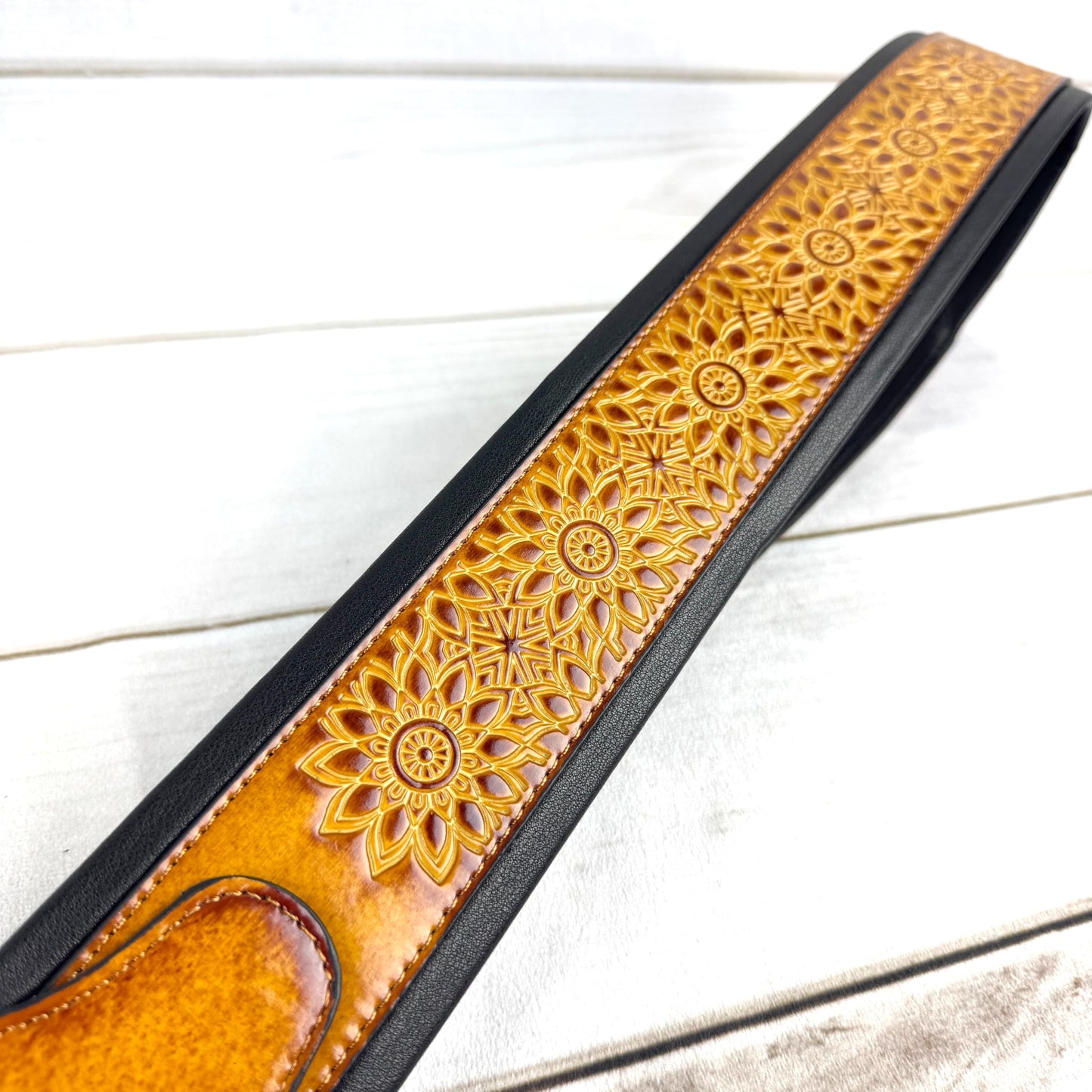 Walker & Williams GB-34 Latigo Tan Padded Leather Strap with Zodiac Star Pattern For Acoustic, Electric, And Bass Guitars