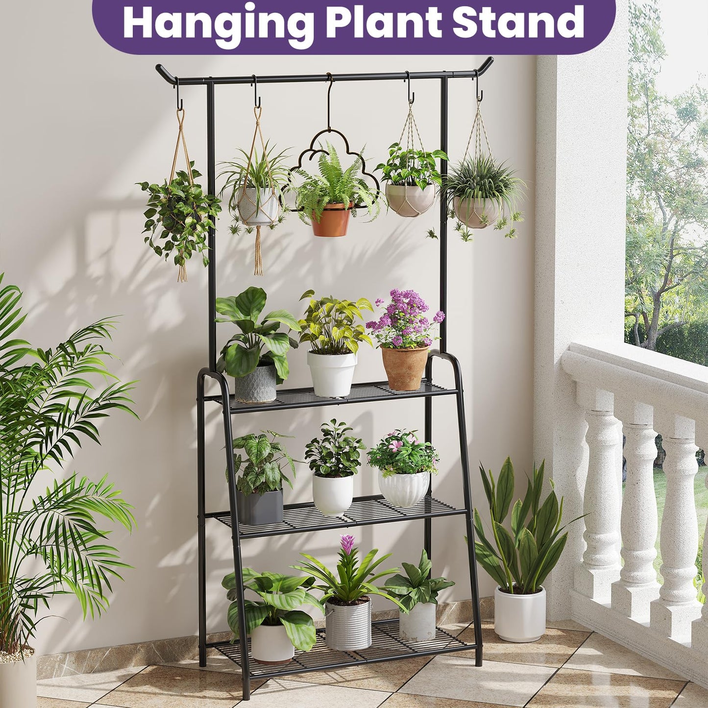 Metal Plant Stand Indoor Outdoor, 3 Tier Tall Corner Plant Shelf, Hanging Flower Ladder for Living Room, Balcony, Garden, Patio (Black)