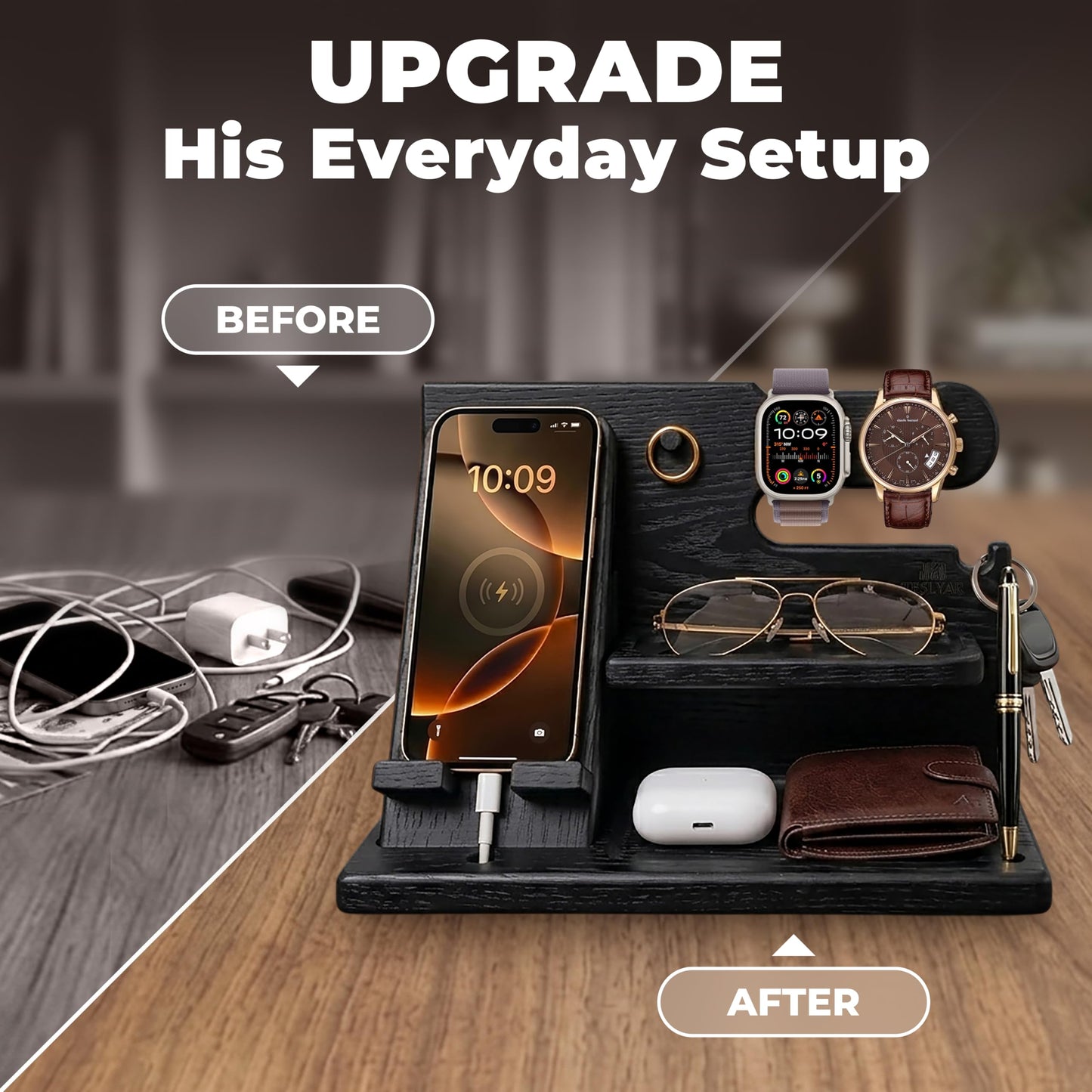 TESLYAR Wood Phone Docking Station - Gifts for Men - Desk or Nightstand Organizer - Birthday Gift for Husband, Dad - Anniversary Idea from Wife - Key Holder, Stand Wallet & Essentials (Granite Black)