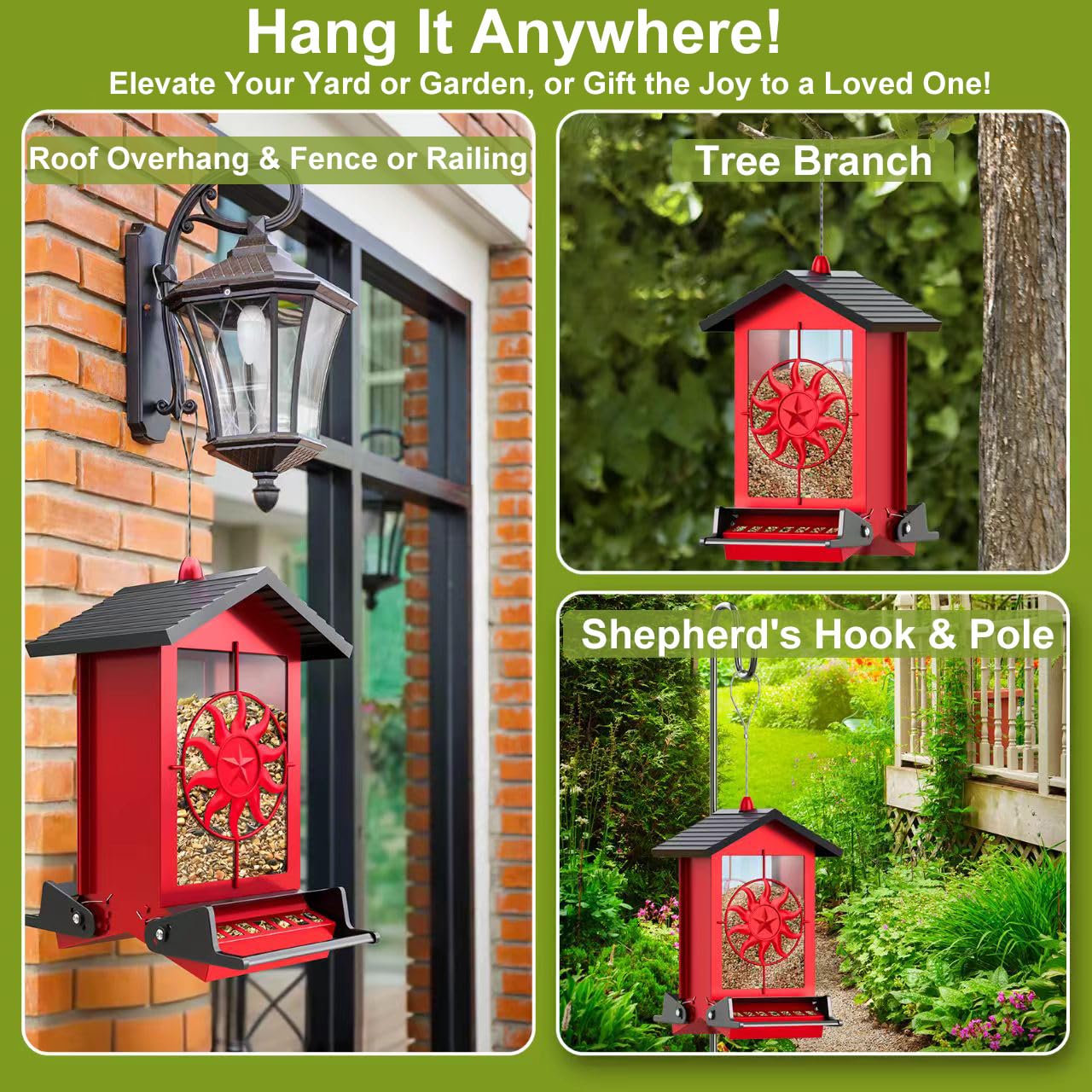 Squirrel Proof Bird Feeders for Outdoors With Weight-Activated, 5LB Large Metal Wild Bird Feeders for Cardinals,Blue jay,Finch, Weatherproof Durable Hanging Bird Feeder for Backyard,Garden,Patio-Green