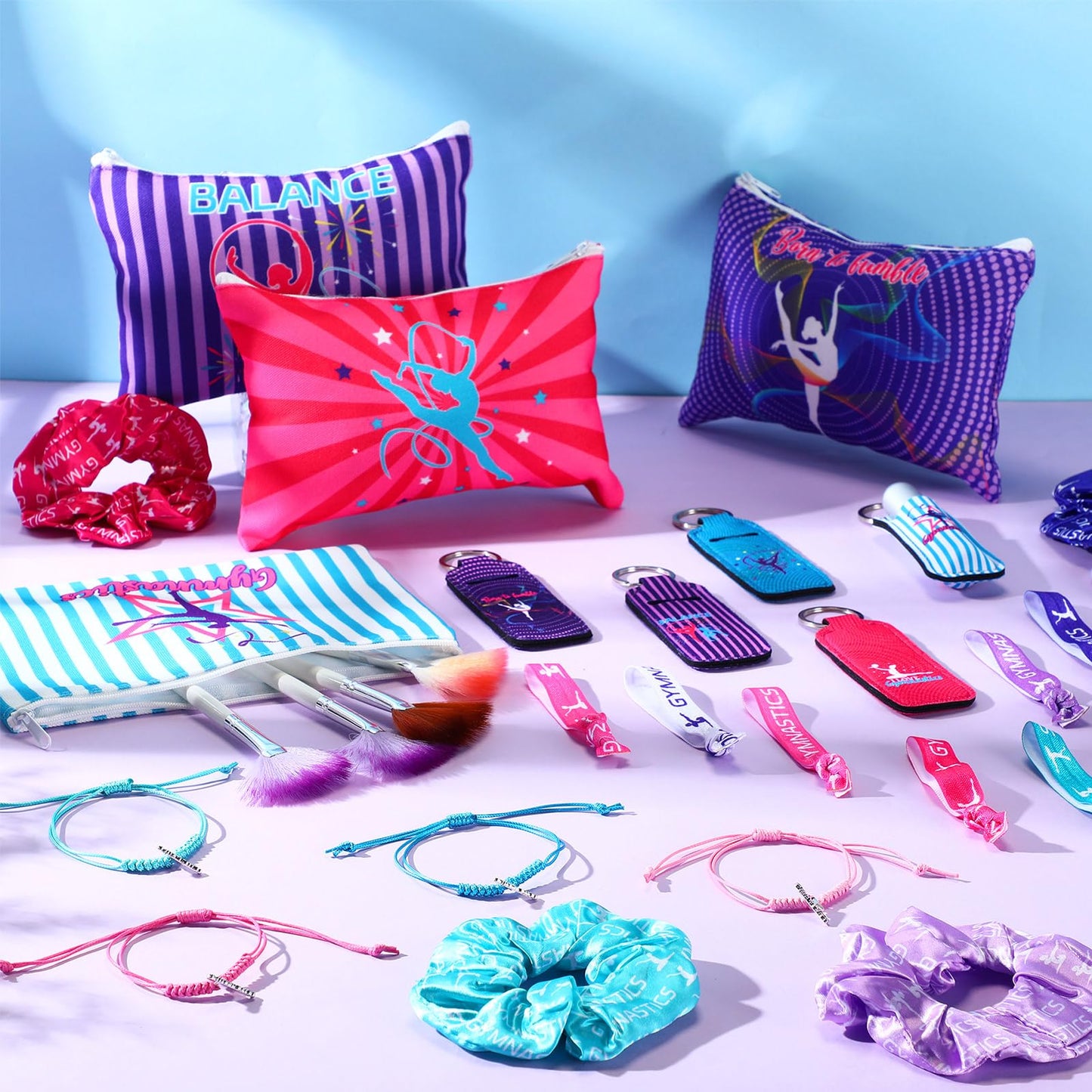 Abbylike 60 Pcs Gymnastics Party Favors 12 Dance Makeup Bag 12 Gymnastics Charm Bracelet 12 Girls Dance Hair Scrunchies 12 Sports Elastics Hair Ties 12 Gymnastics Keychains for Gift Birthday Supplies
