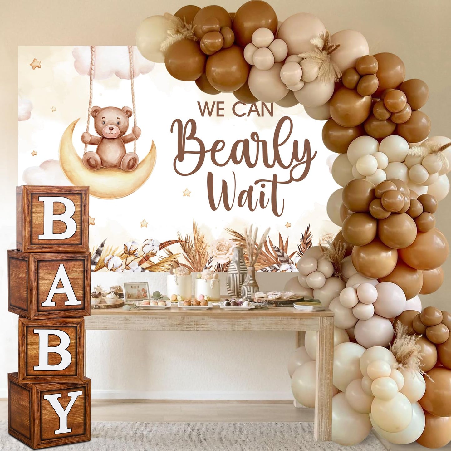 DataMoon Boho Baby Shower Decorations for Neutral Gender Baby,Baby Boxes with Letters,Boho Balloons,We Can Bearly Wait Backdrop,Cake Topper,Tablecloth for Baby Shower,Gender Reveal Party Supplies