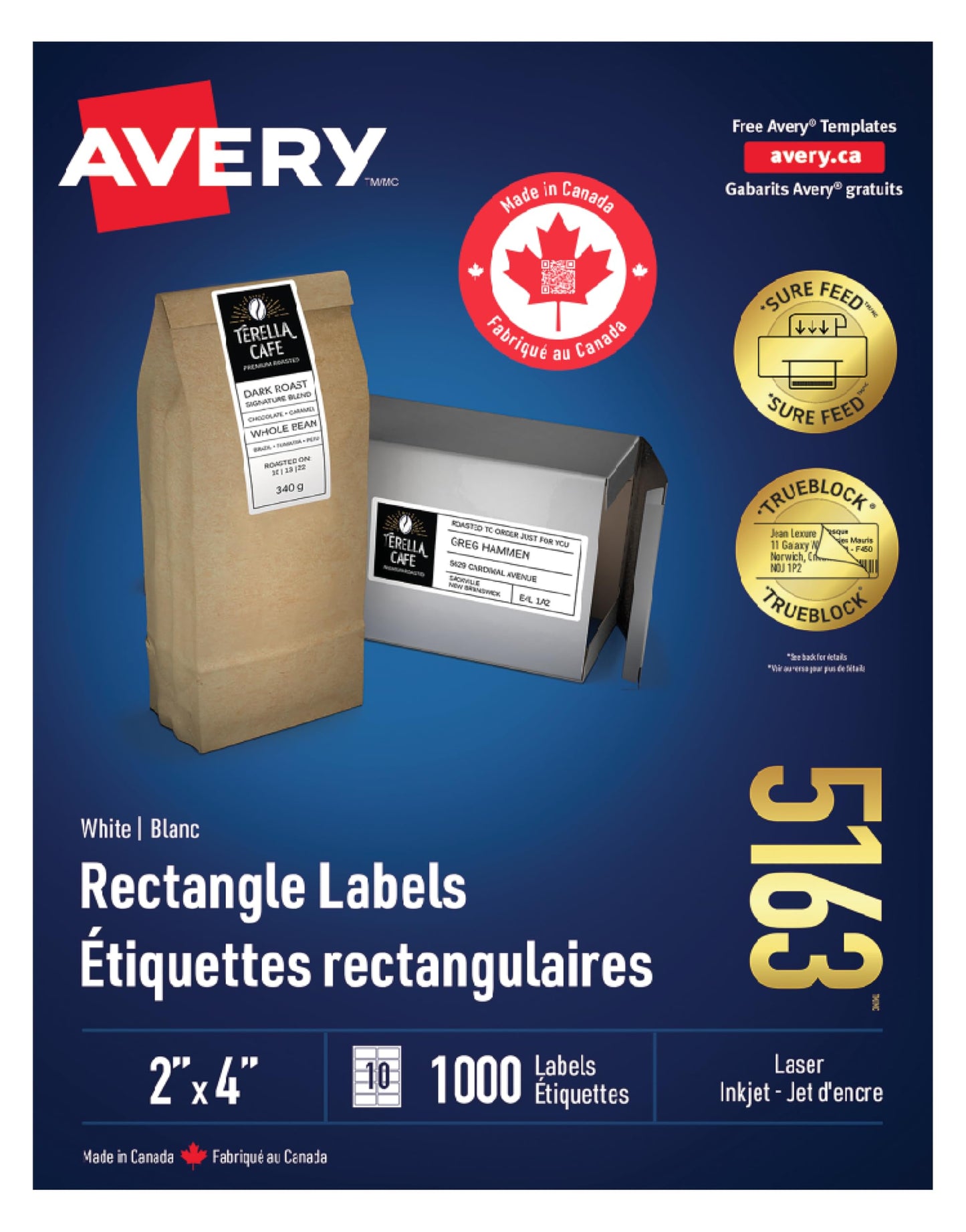 Avery TrueBlock Shipping Labels for Inkjet/Laser Printers, 2" x 4", White, Rectangle, 1000 Labels, Permanent (5163) Made in Canada