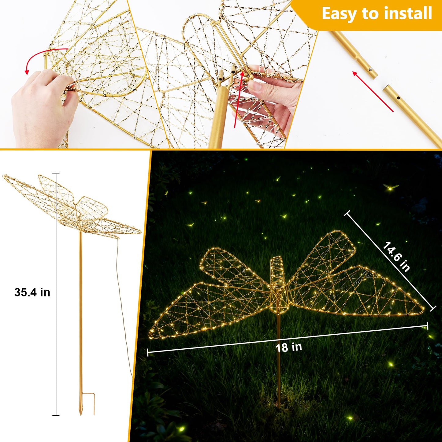 Solar Lights Outdoor - Solar Garden Lights Butterfly Decor with 240LED, Solar Powered Iron Waterproof Easy to Install for Pathway Garden Decorations Patio Decor Yard Decoration