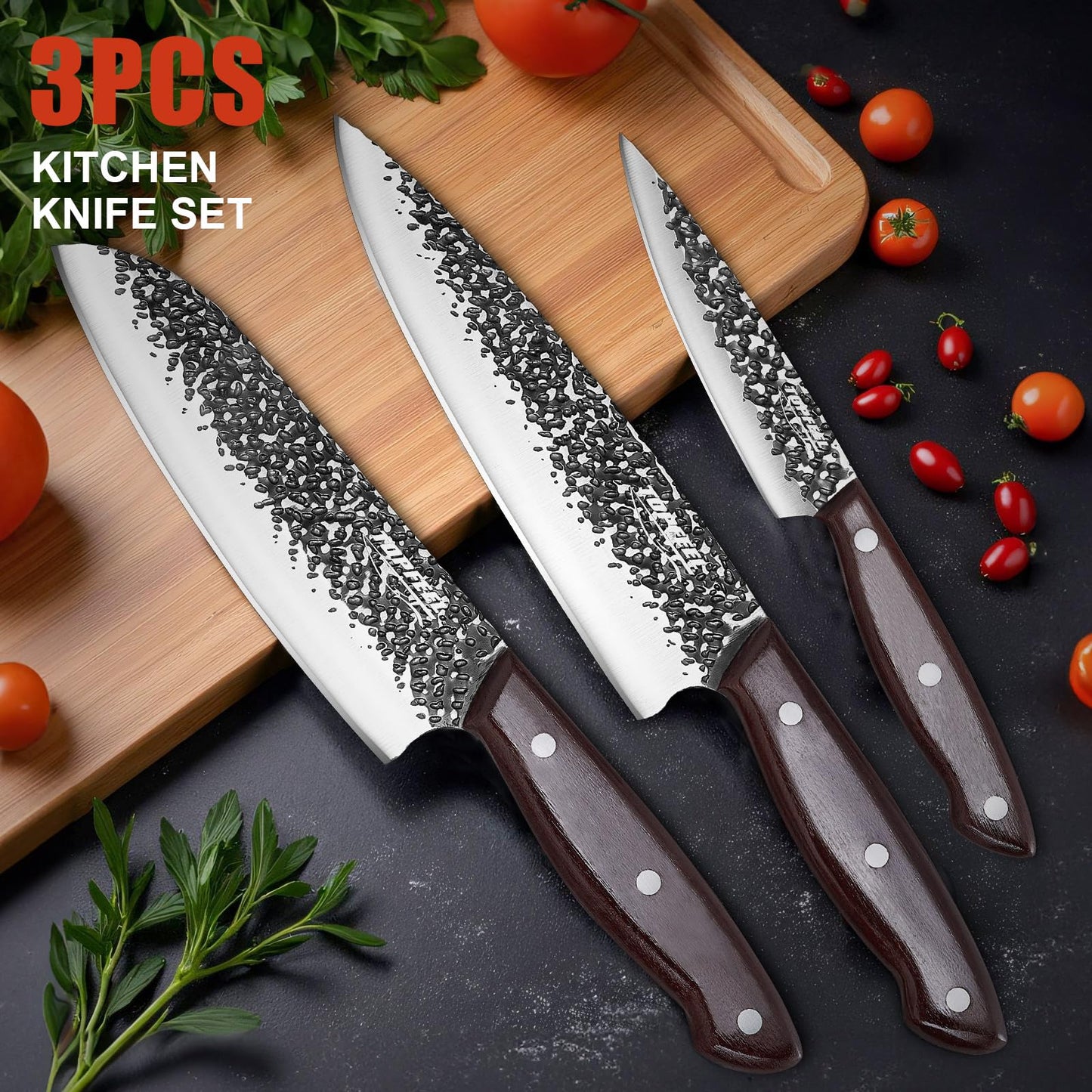 Topfeel Chef Knife 3PCS, High Carbon Hand Forged Stainless Steel Japanese Knife Sets, Ultra Sharp Professional Kitchen Knife Sets with Wood Ergonomic Handle