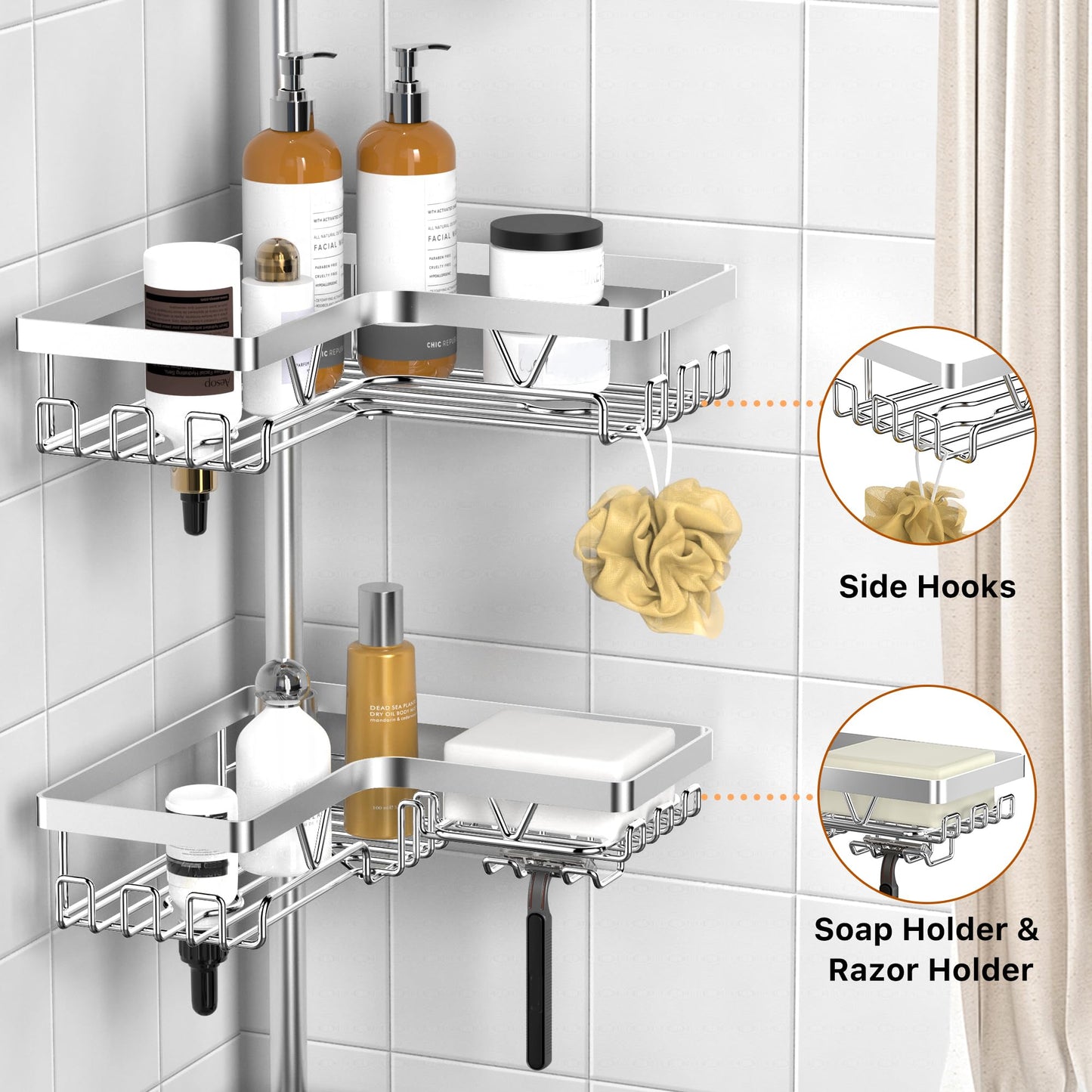 KEGII Corner Shower Caddy Tension Pole, Stainless Steel Bathroom Organizer with Hooks & Soap Holder, Adjustable from 25 to 114.2 inch, 4-Tier Corner Shower Rack for Bathtub Shampoo Storage - Silver