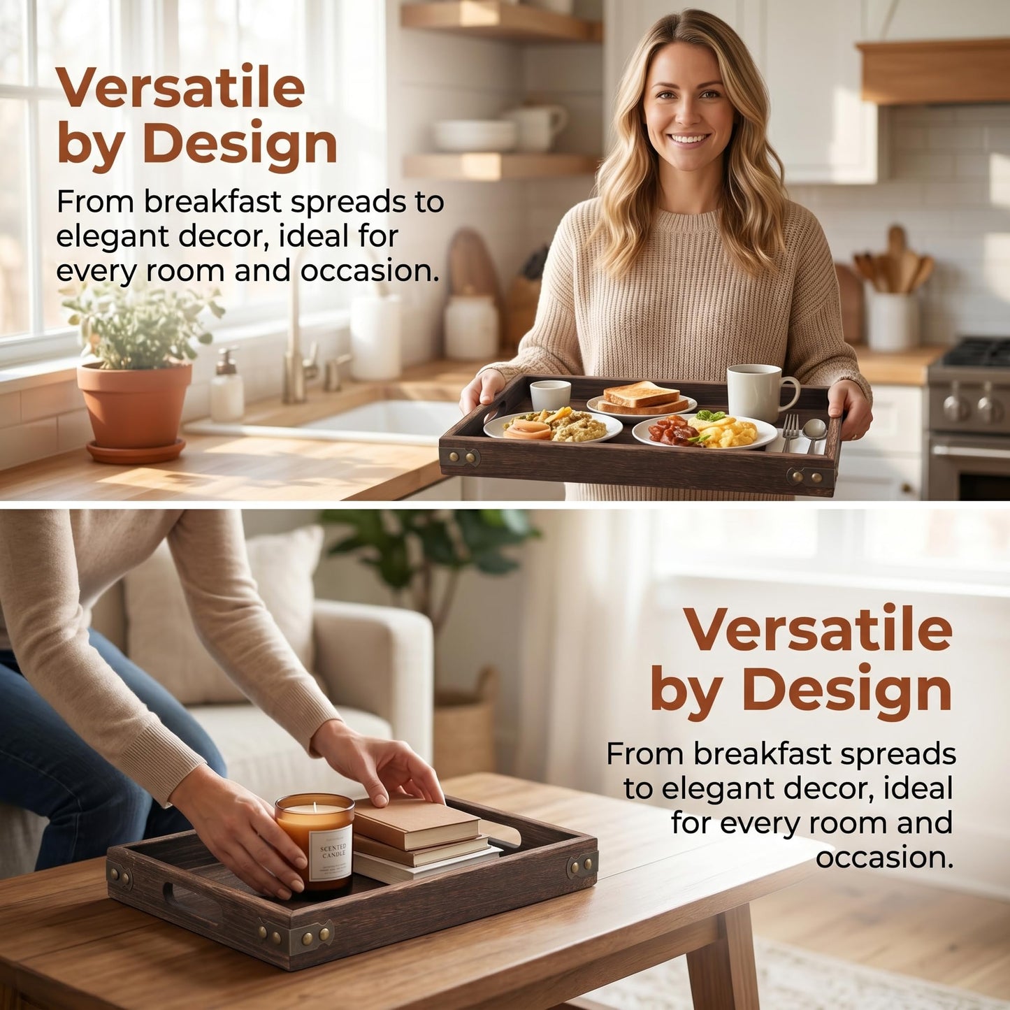 TOPZEA 3 Pack Wood Serving Tray with Handle, Farmhouse Wooden Coffee Table Trays Decorative Breakfast Tray for Bed, Couch, Ottoman, 3 Size