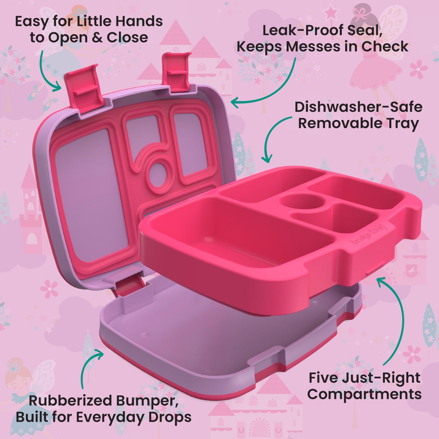 Bentgo Kids Prints Leak-Proof, 5-Compartment Bento-Style Kids Lunch Box - Ideal Portion Sizes for Ages 3 to 7 - BPA-Free, Dishwasher Safe, Food-Safe Materials - 2021 Collection (Fairies)