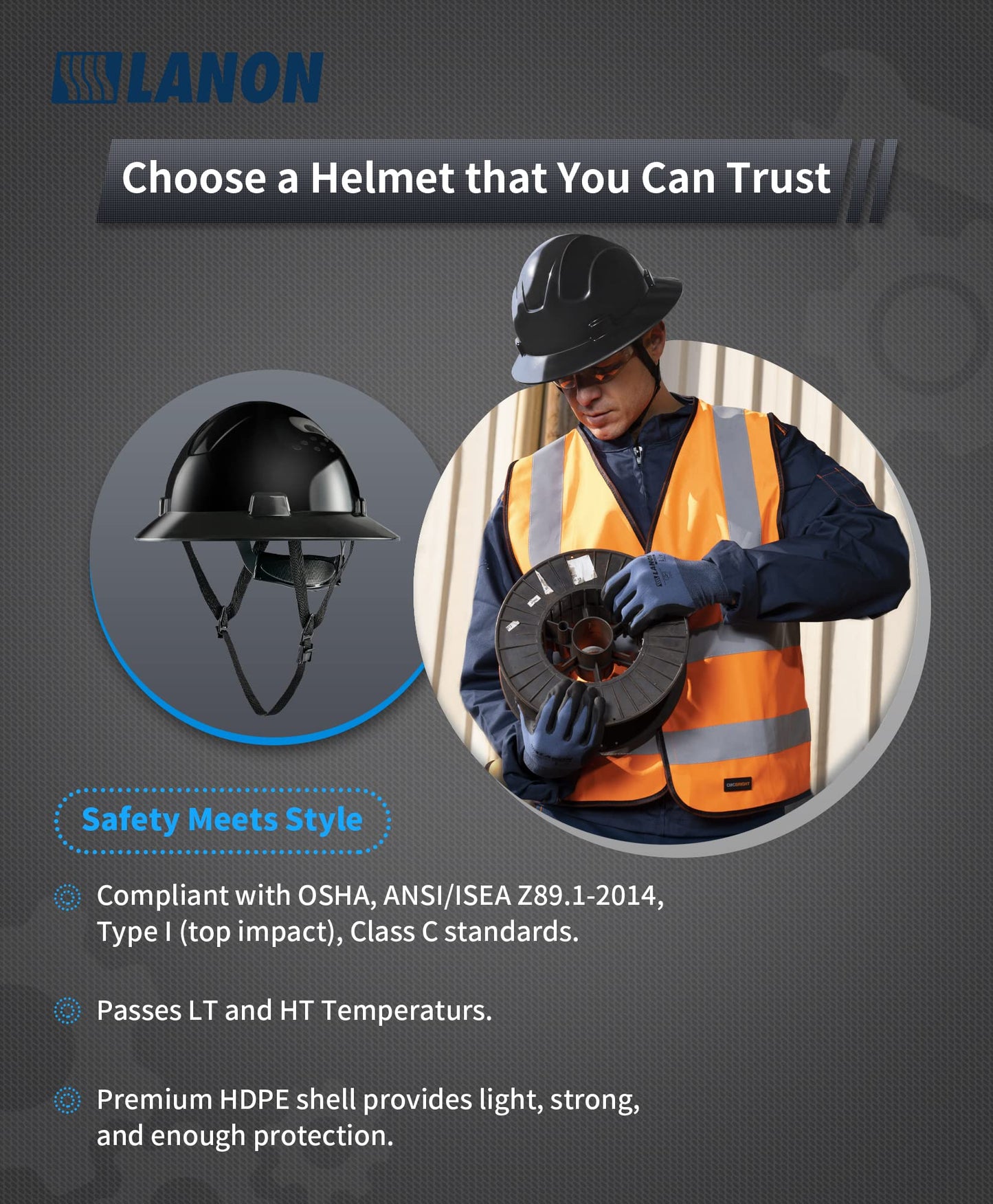 LANON Full Brim Hard Hat, OSHA Construction Work Approved, HDPE Safety Helmet with 4 Point Adjustable Ratchet Suspension, ANSI Z89.1 Class C,Glossy Black