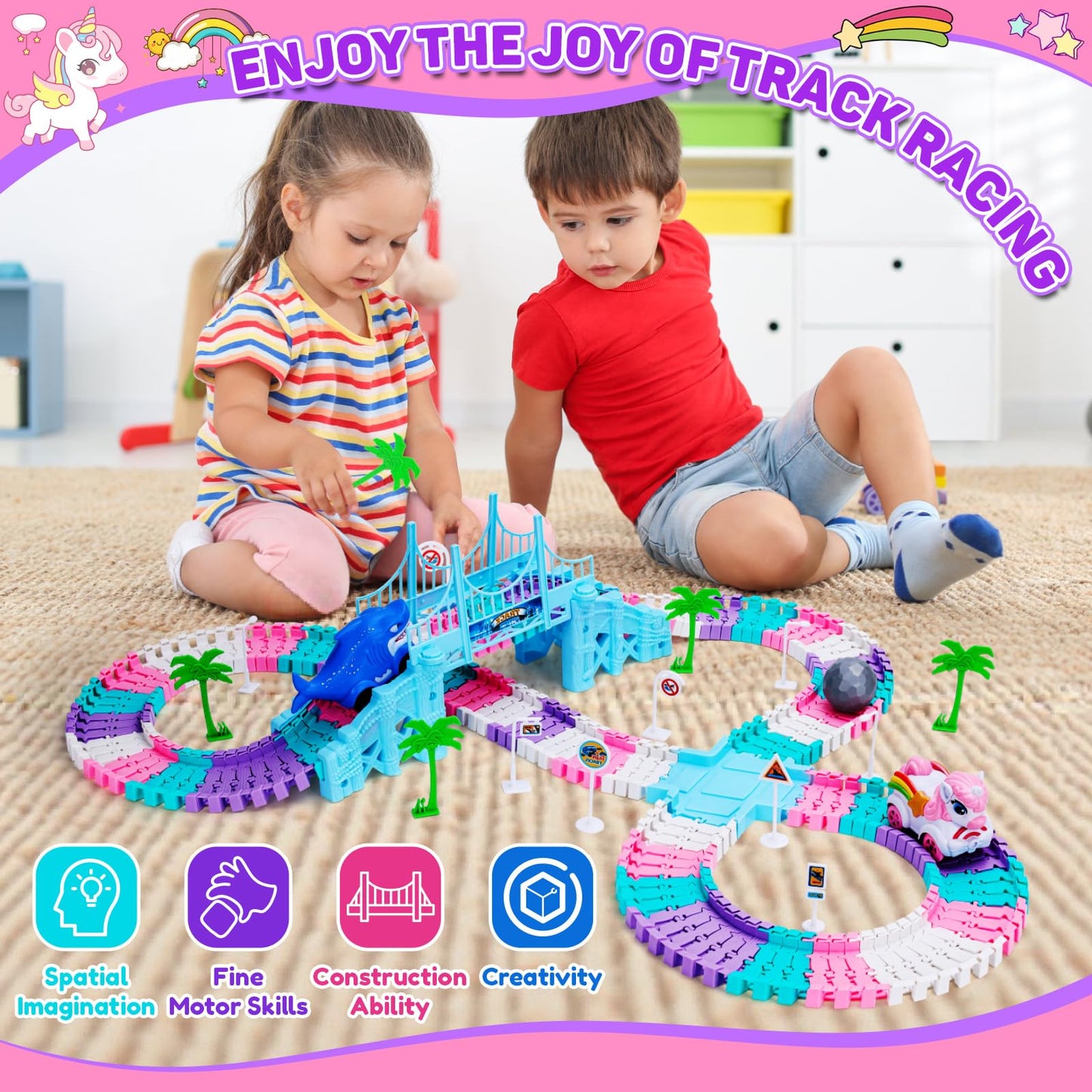 Race Track Toys for 3 4 5 Year Old Girls: Shark & Unicorn Gifts for Girls Kids Toys Age 4 5 6, Flexible Car Tracks Train Set Toddler Toy for 3 4 5 6 Year Old Girl Gifts Birthday Cadeau (194PCS)