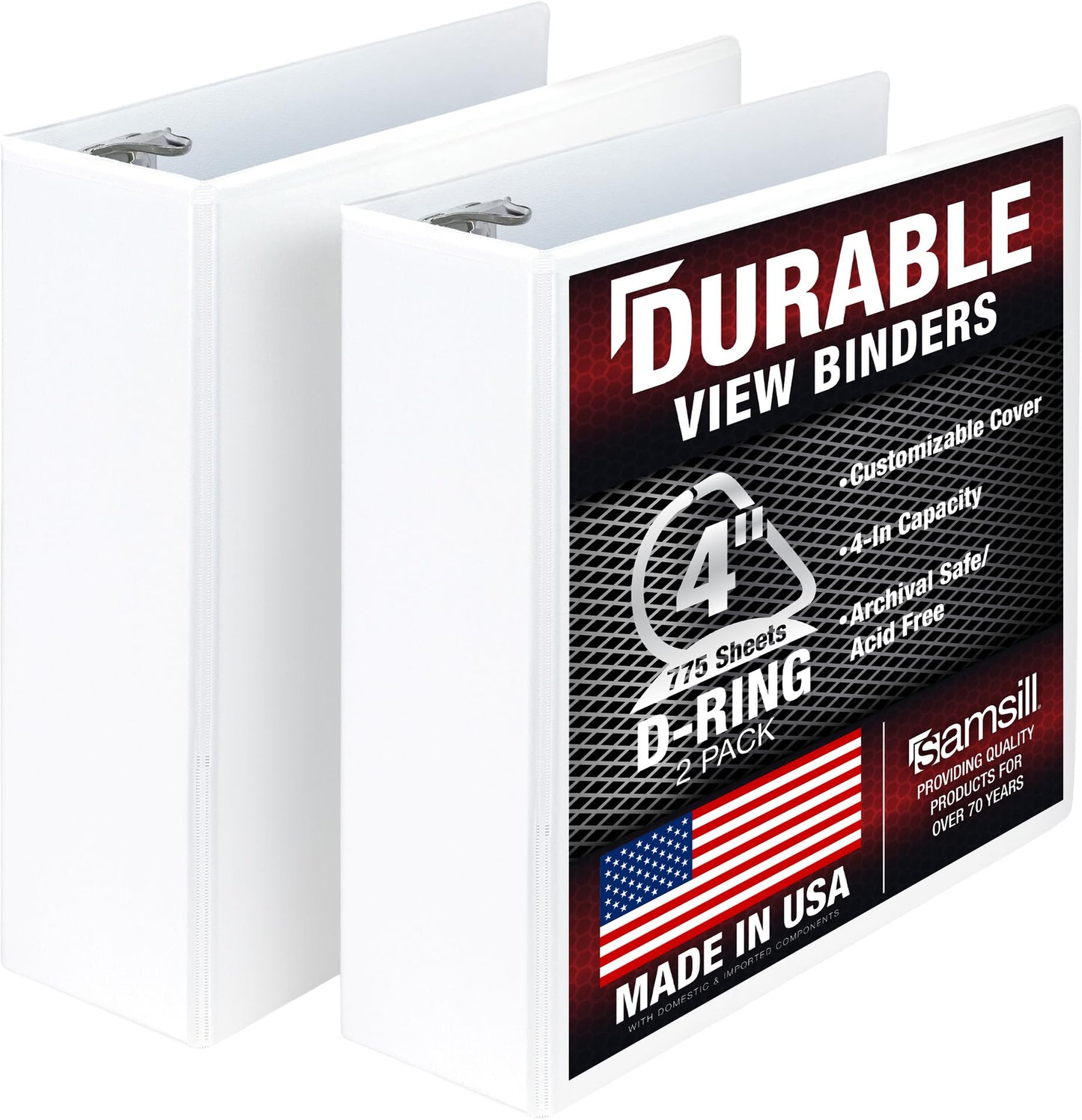Samsill Durable 3 Ring View Binders Made in The USA, 4 Inch Locking D-Ring, Customizable Cover, White, Pack of 2