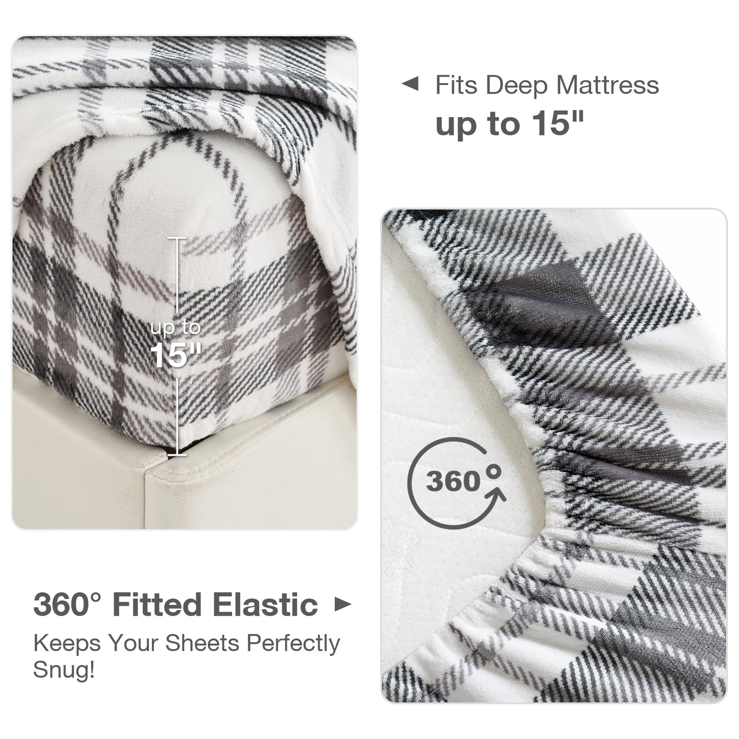Softan Fleece Sheets Queen Size, Flannel Like Soft, Fuzzy Warm Plush Sheets, Velvet Polar Microfleece Bedding for Winter, Grey White Plaid
