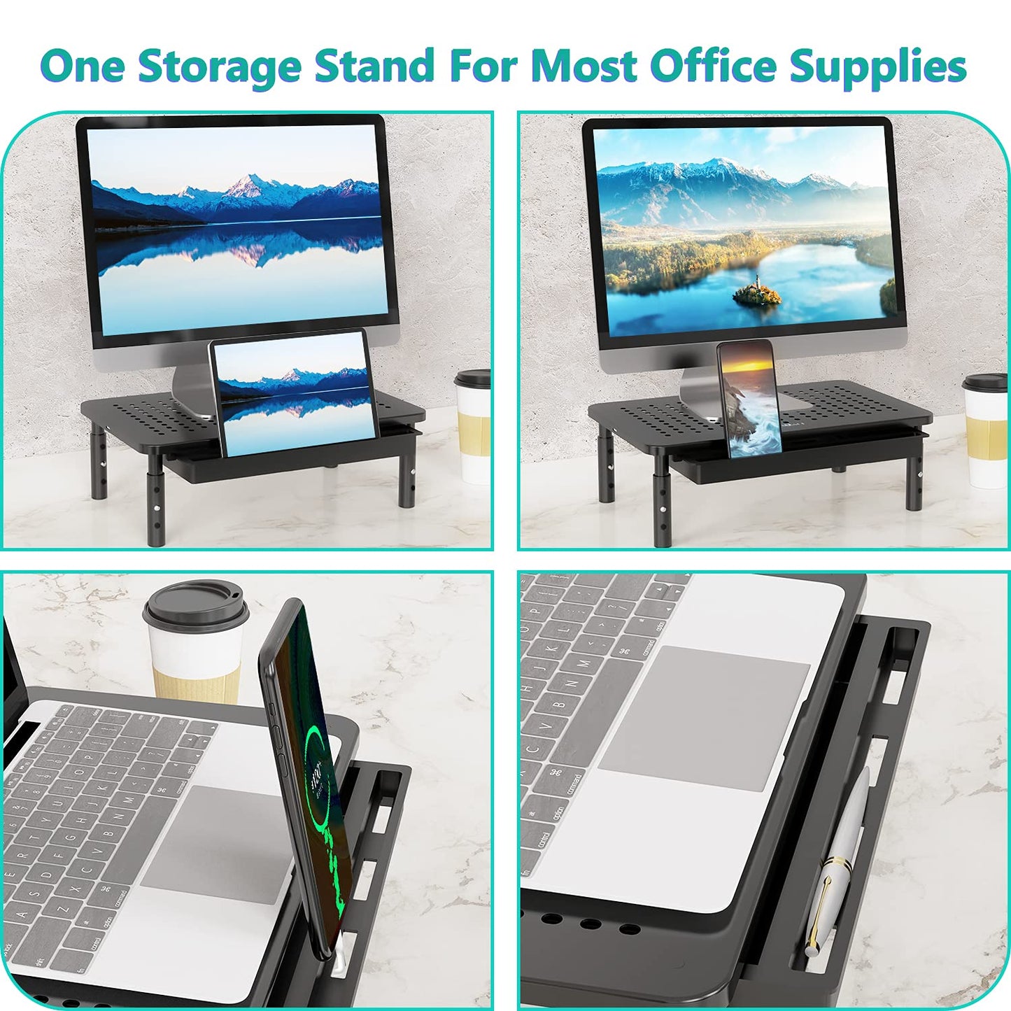 WALI Monitor Stand Riser, Adjustable Laptop Stand Riser, 3 Height Adjustable Computer Stand with Drawer, Underneath Storage for Office, Home, School Supplies (STT003D-2B), 2 Pack, Black