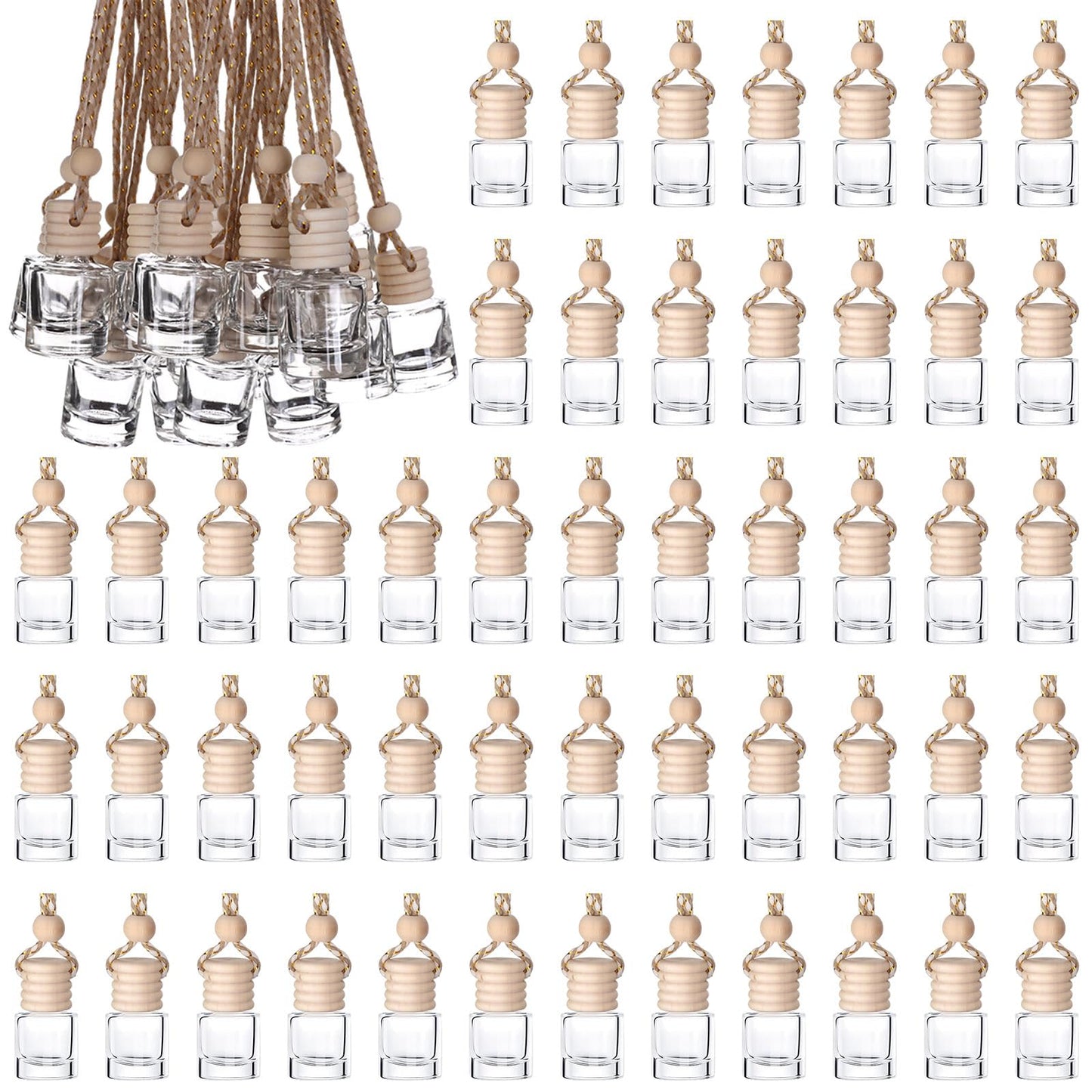 RZJSLSHANHAI 50 Pcs 8ml Hanging Car Air Freshener Diffuser Cylindrical Shape Empty Clear Glass Essential Diffuser Oil Aromatherapy Fragrance Perfume Car Air Freshener Perfume Bottle with Wooden Cap