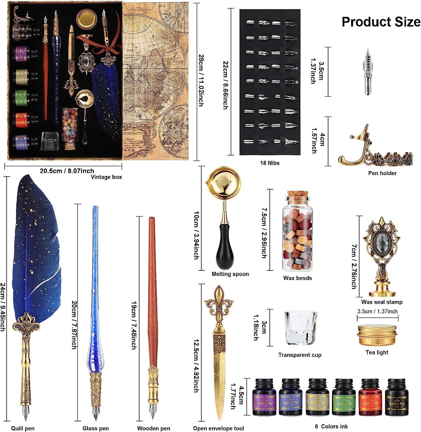 Joyeee Feather Calligraphy Pen and Ink Set, with Vintage Writing Quill Pen, Glass Dip Pen, Wooden Dip Pen, Pen Nibs, Pen Holder, Cup, Wax Beads, Seal Stamp, Melt Spoon and Gift Boxes #83