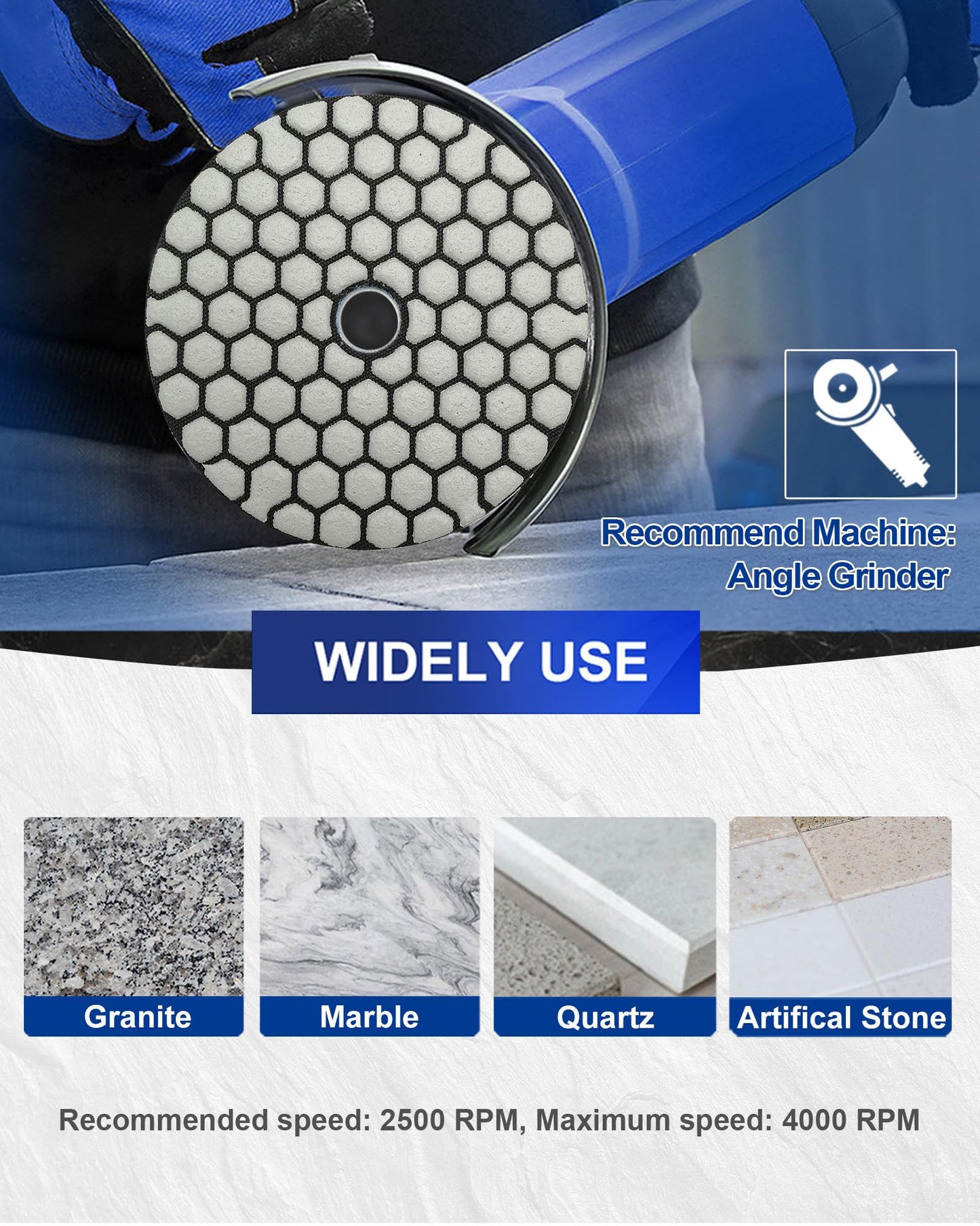SHDIATOOL Dry Diamond Polishing Pads 4 Inch Set of 7 Pieces Plus a Rubber Backer for Granite Marble Stone Sanding Pads Grinding Pads